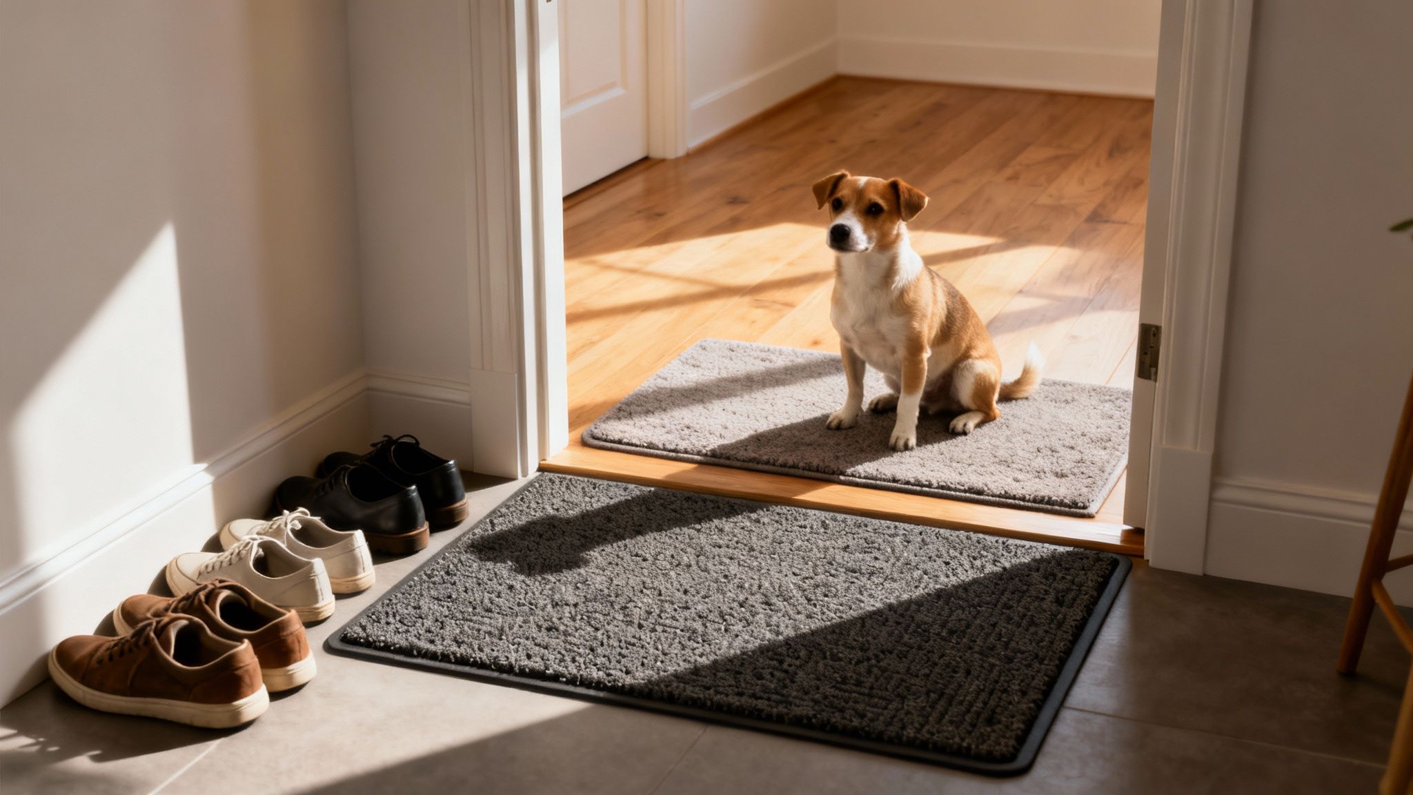 A cute dog sits on a doormat in a sunny entryway with shoes neatly placed.