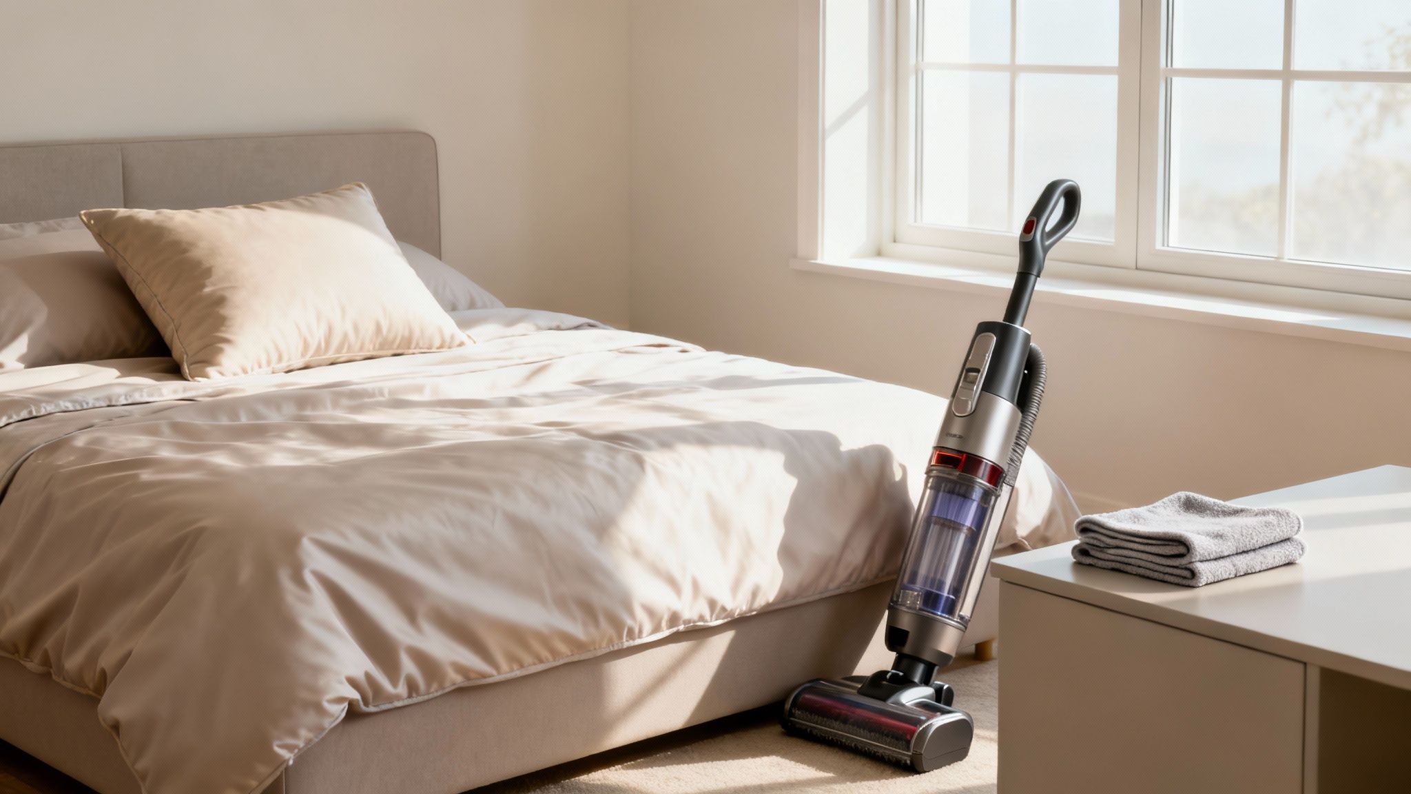 A bright bedroom with a neatly made bed, a vacuum cleaner, and sunlight shining through the window.