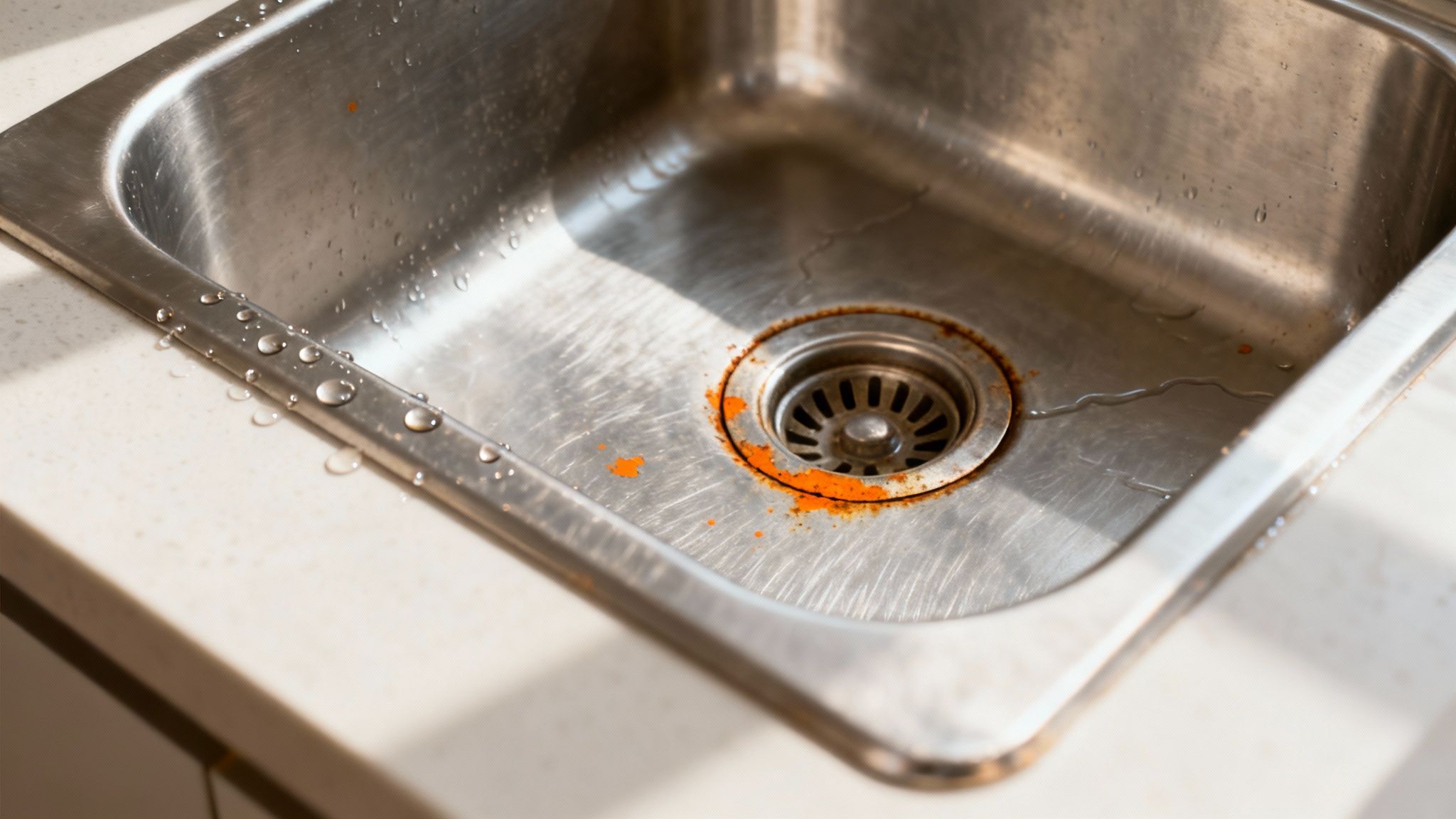 Close-up of a stainless steel kitchen sink showing significant rust stains around the drain and water droplets.