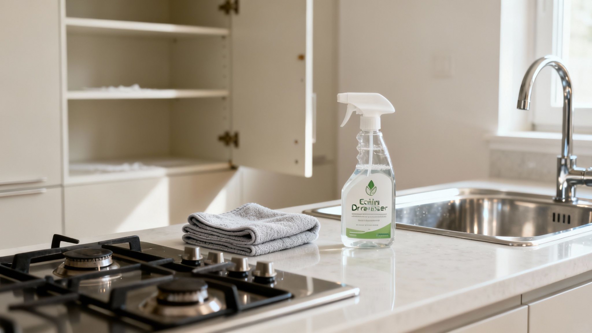 A spotless modern kitchen countertop with a gas stove, sink, cleaning spray, and cloth, ready for tidying.