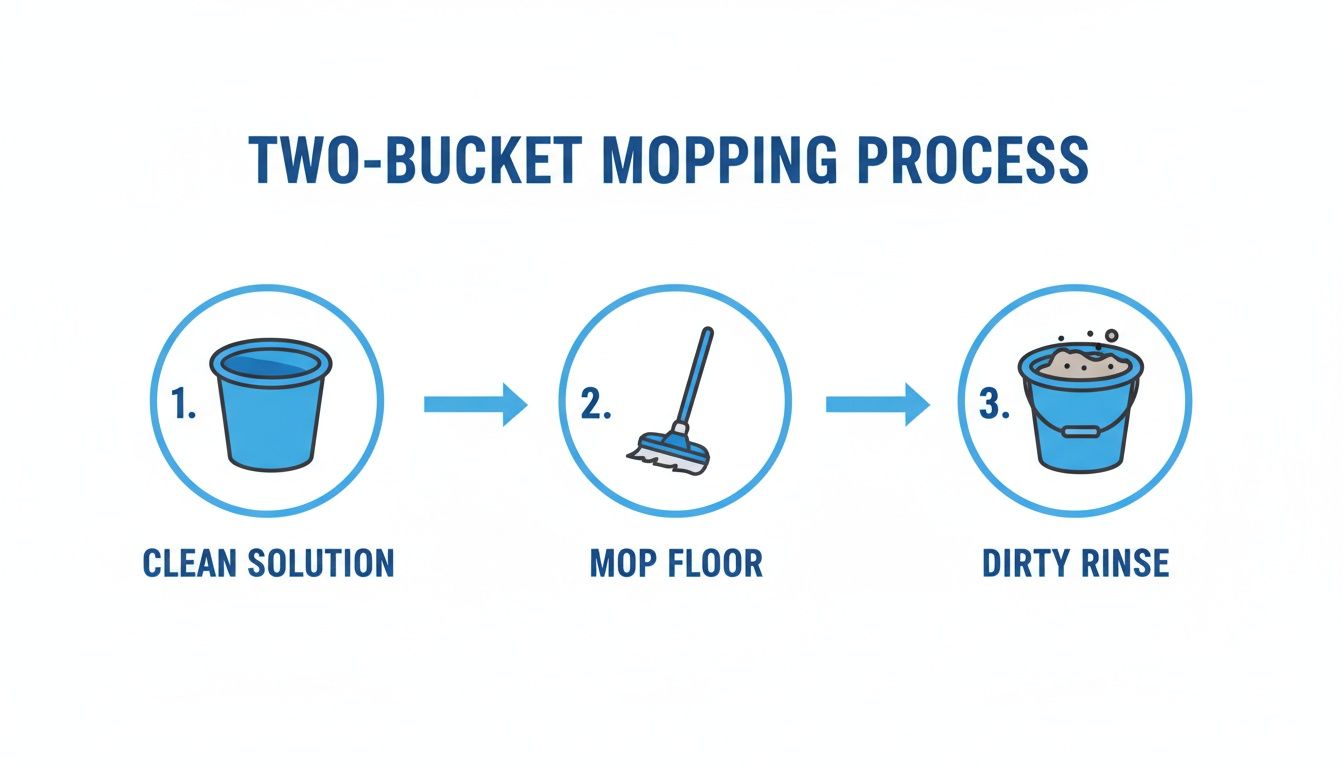 A diagram explaining the two-bucket mopping process, showing clean solution, mopping the floor, and dirty rinse.