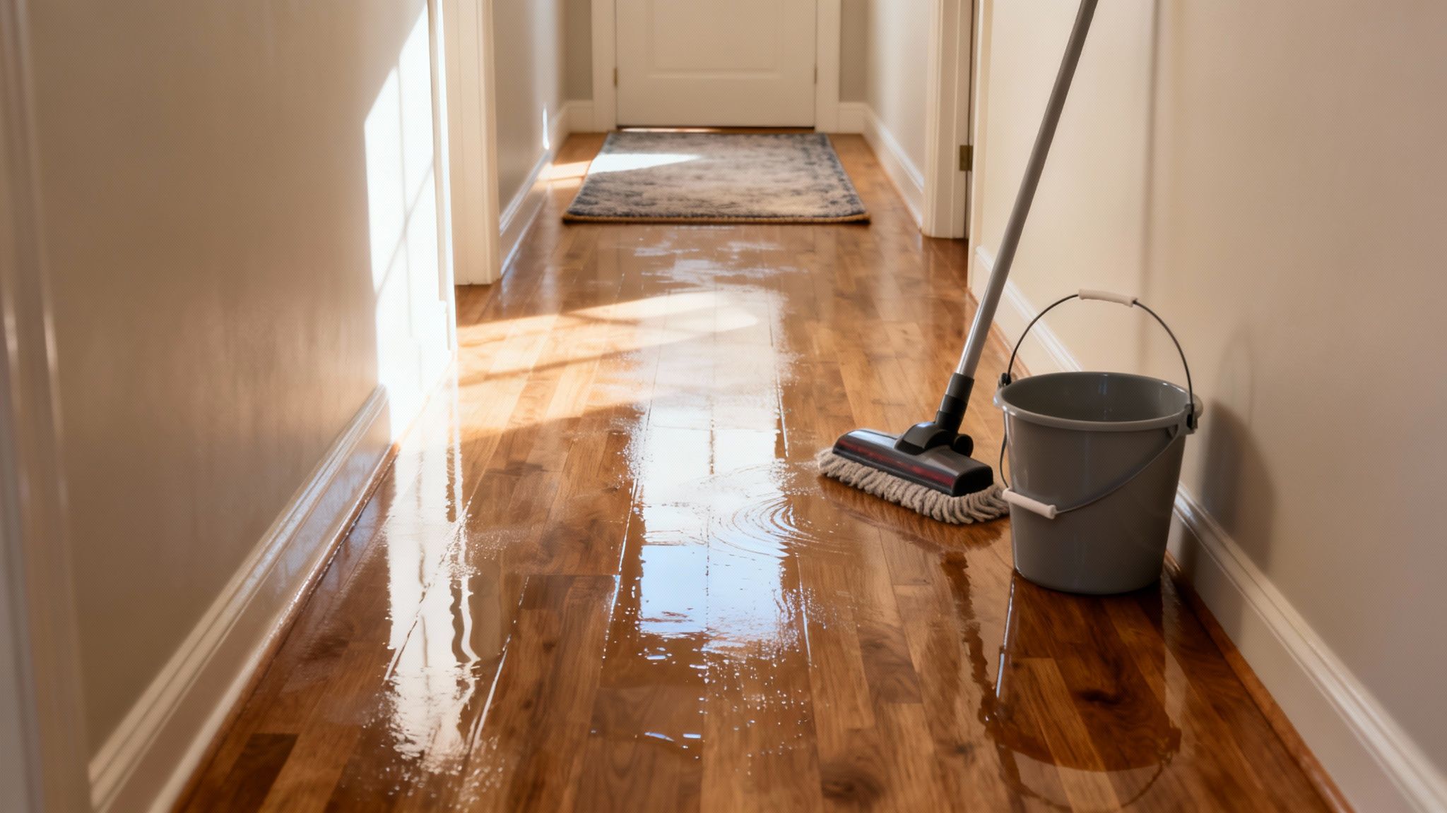 A clean hallway with a wet wooden floor reflecting sunlight, a mop, and a bucket.