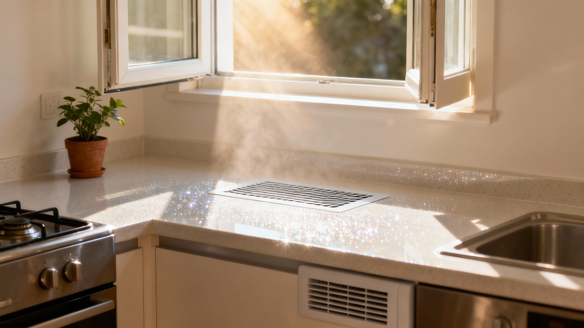 Bright kitchen with open window, sunlight, a plant, stove, sink, and sparkling counter.