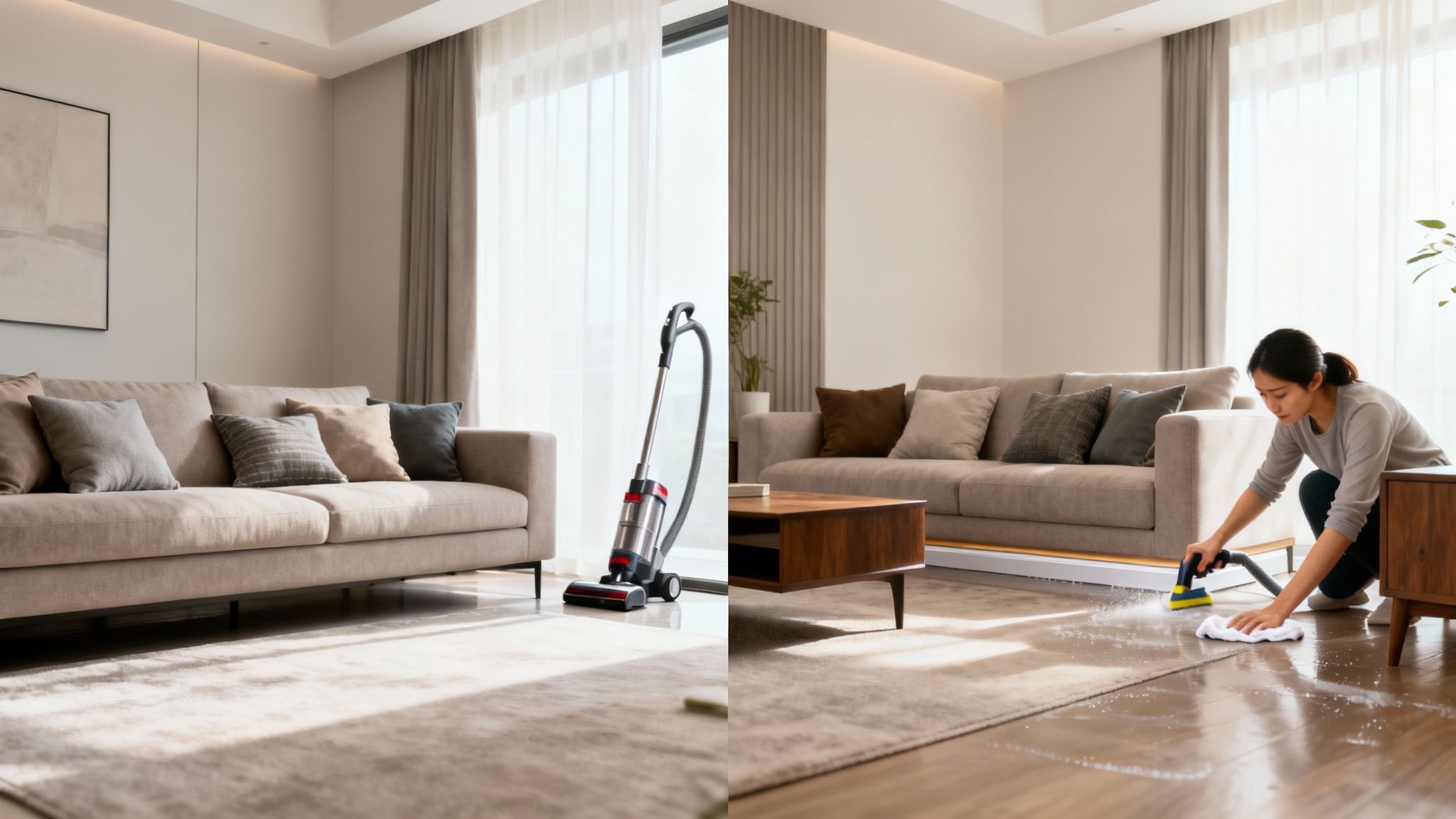 A comparison of a neatly vacuumed living room and a woman actively deep cleaning the floor.