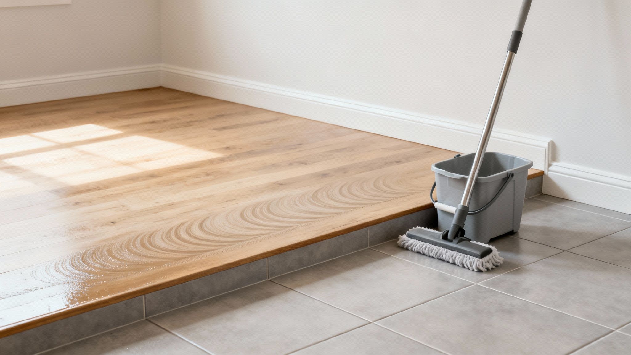 A mop and bucket on grey tiled floor next to a wet, light wooden floor being cleaned.