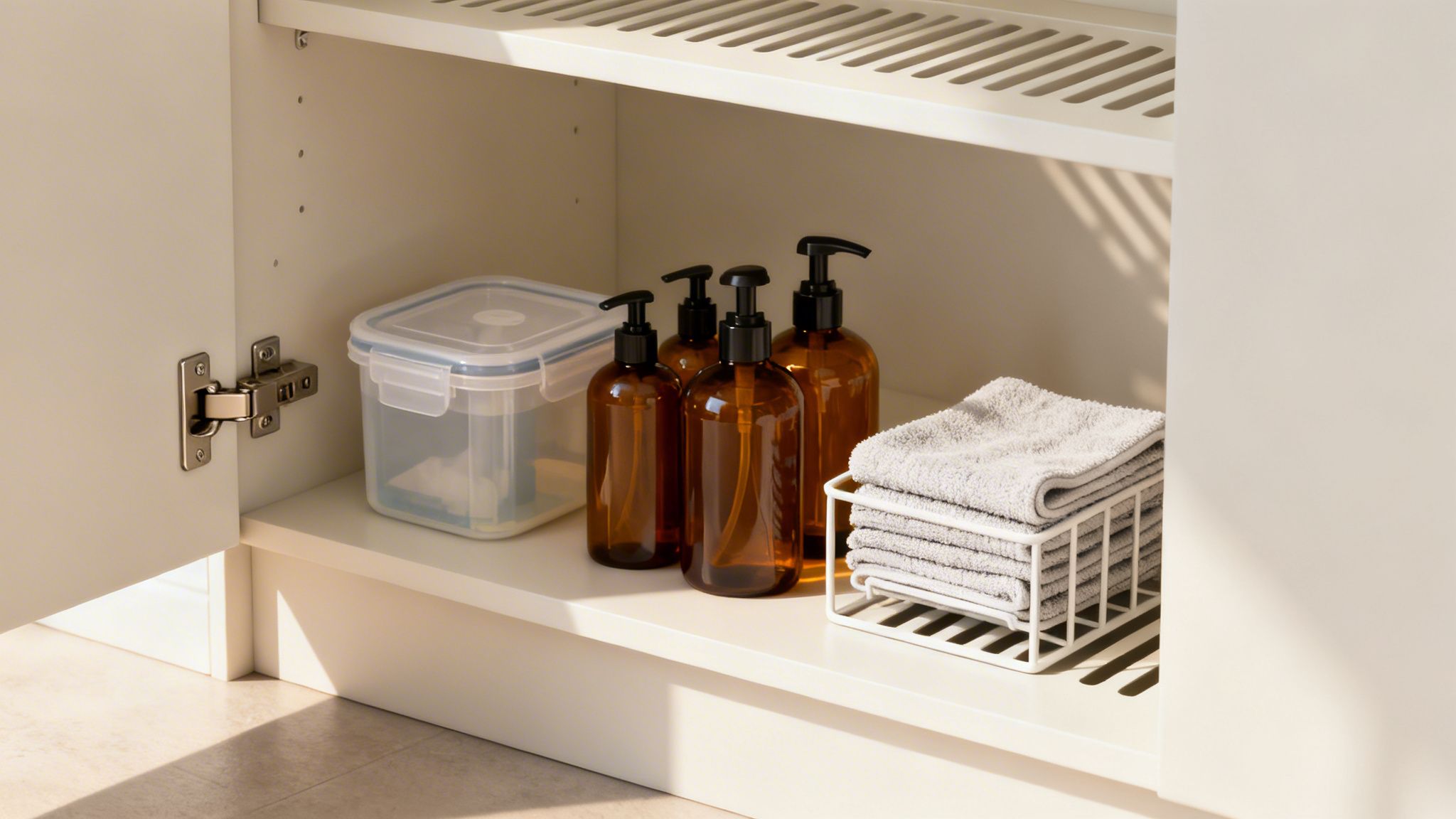 An organized white cabinet shelf displays amber pump bottles, a clear container, and folded grey towels.