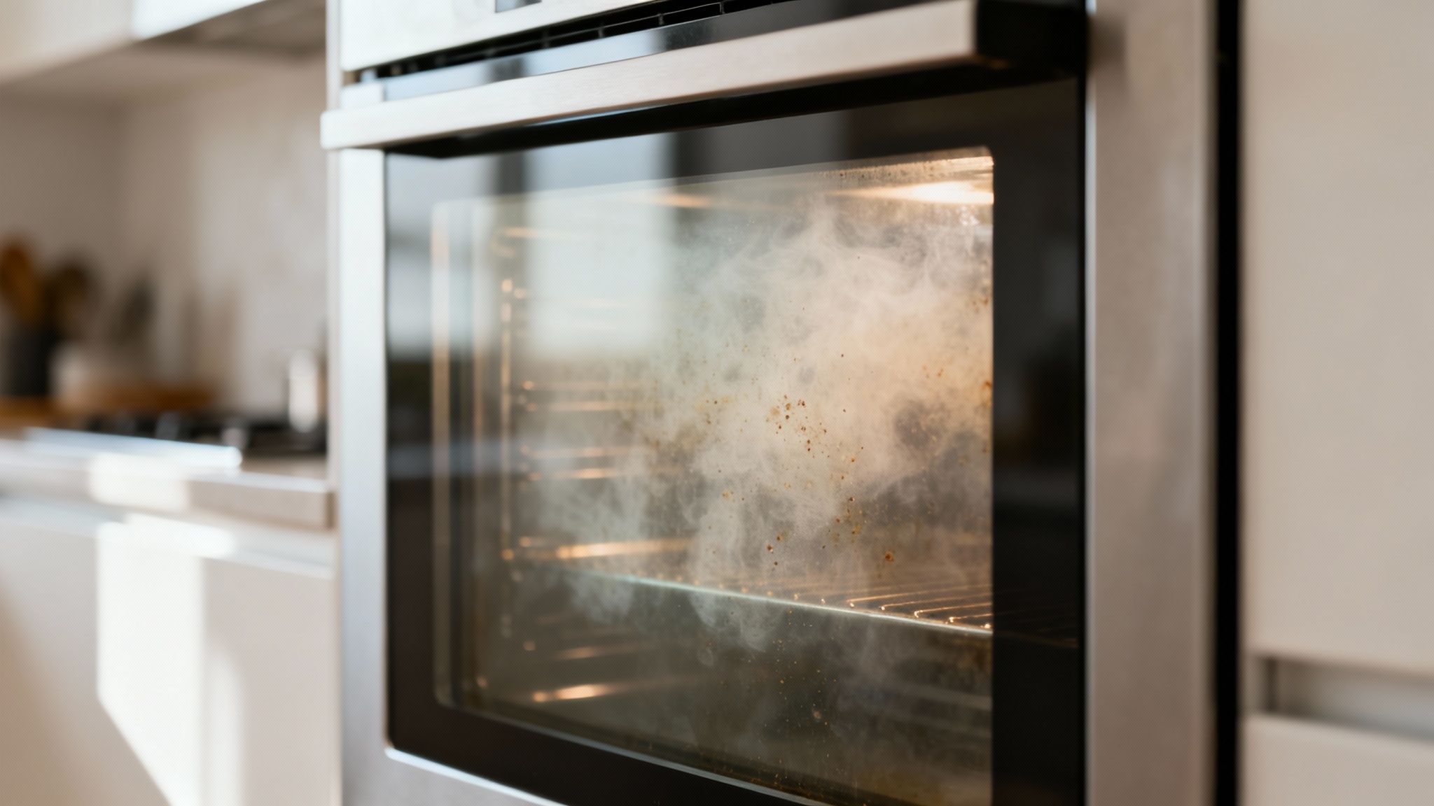 Close-up of a dirty oven door with smoke and baked-on residue visible on the glass.