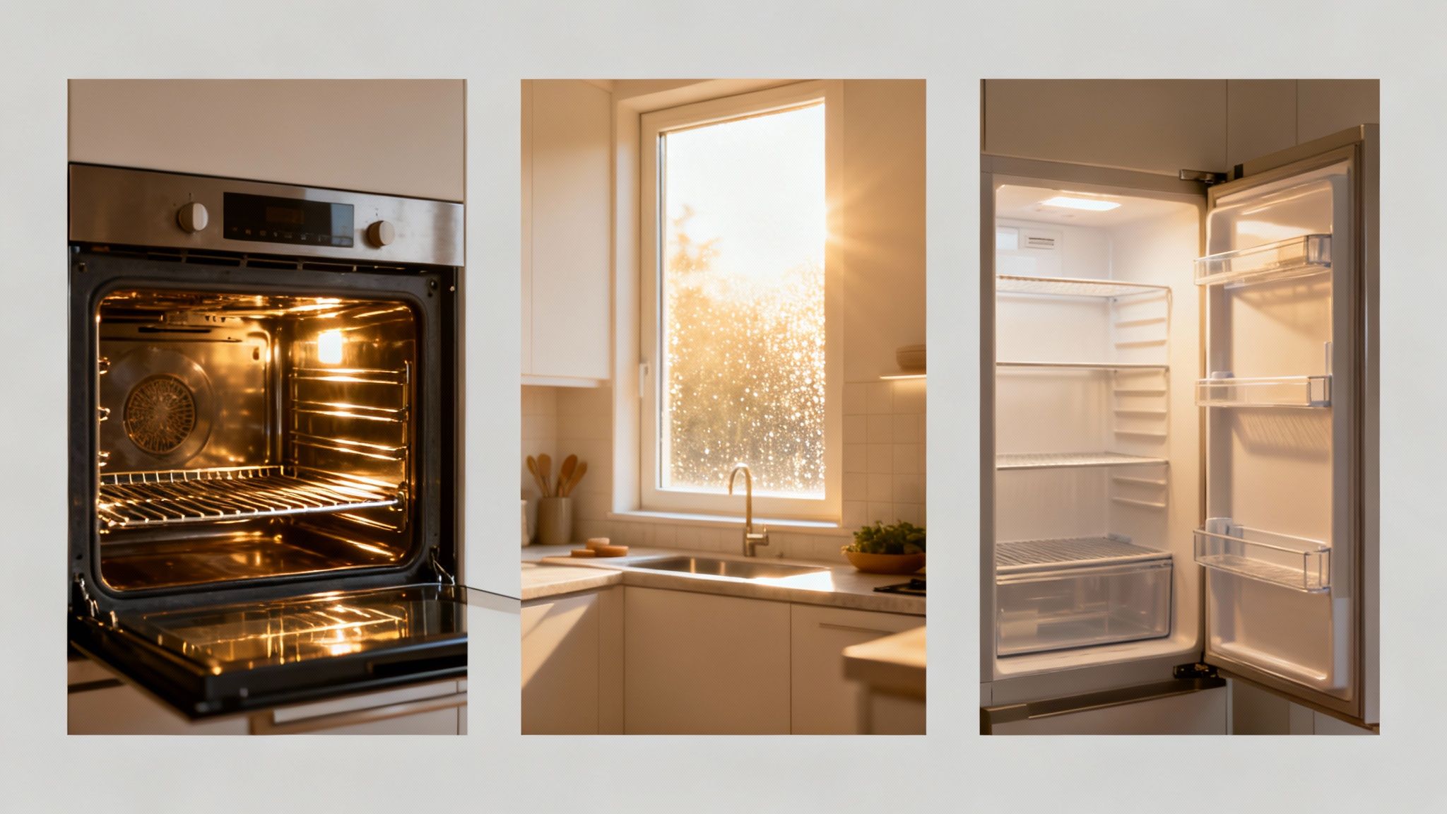 A triptych showing an open oven, a kitchen window with sunlight, and an open, empty refrigerator.