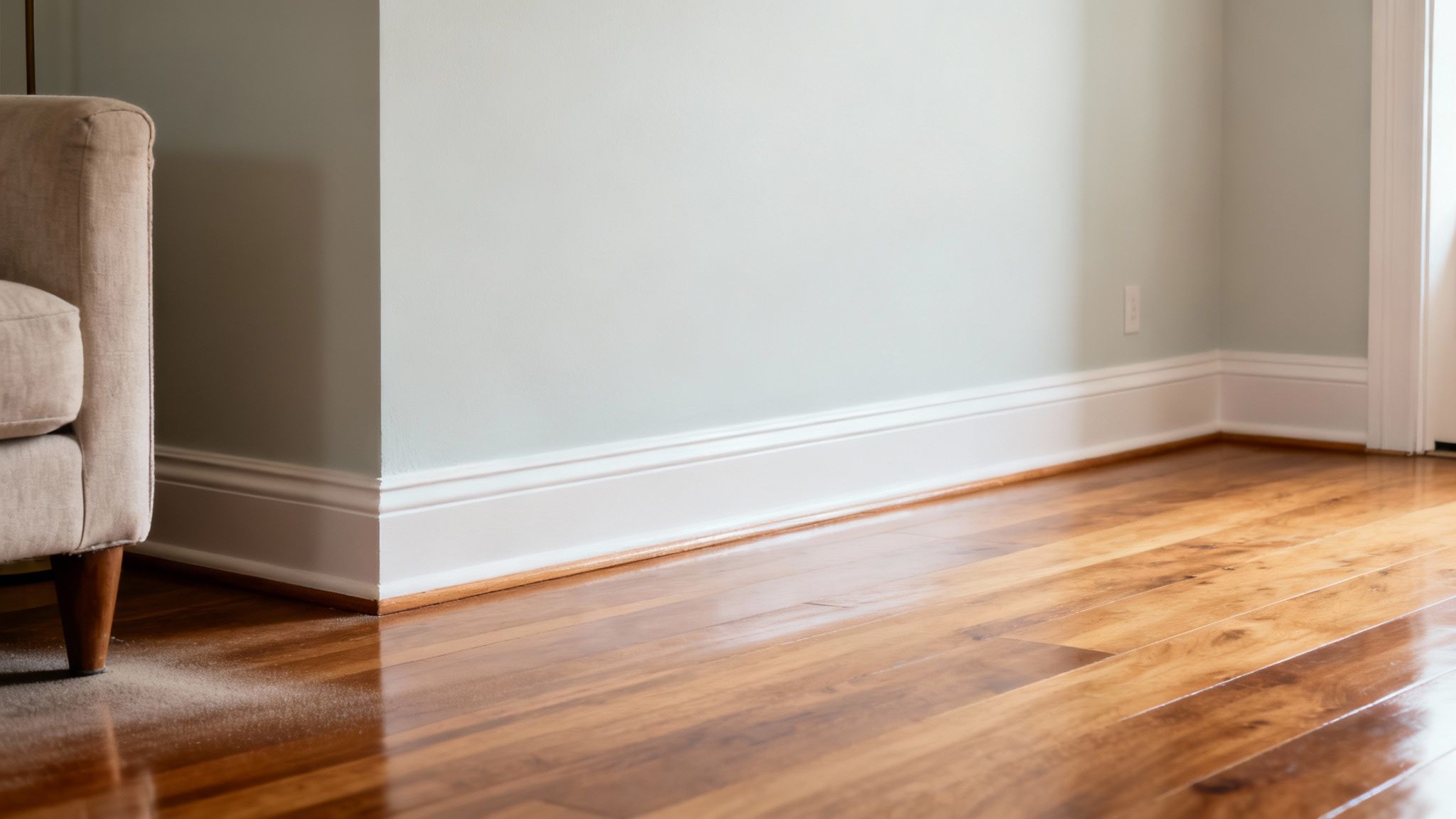 A person mopping a clean hardwood floor, showing the final stage of a deep clean.