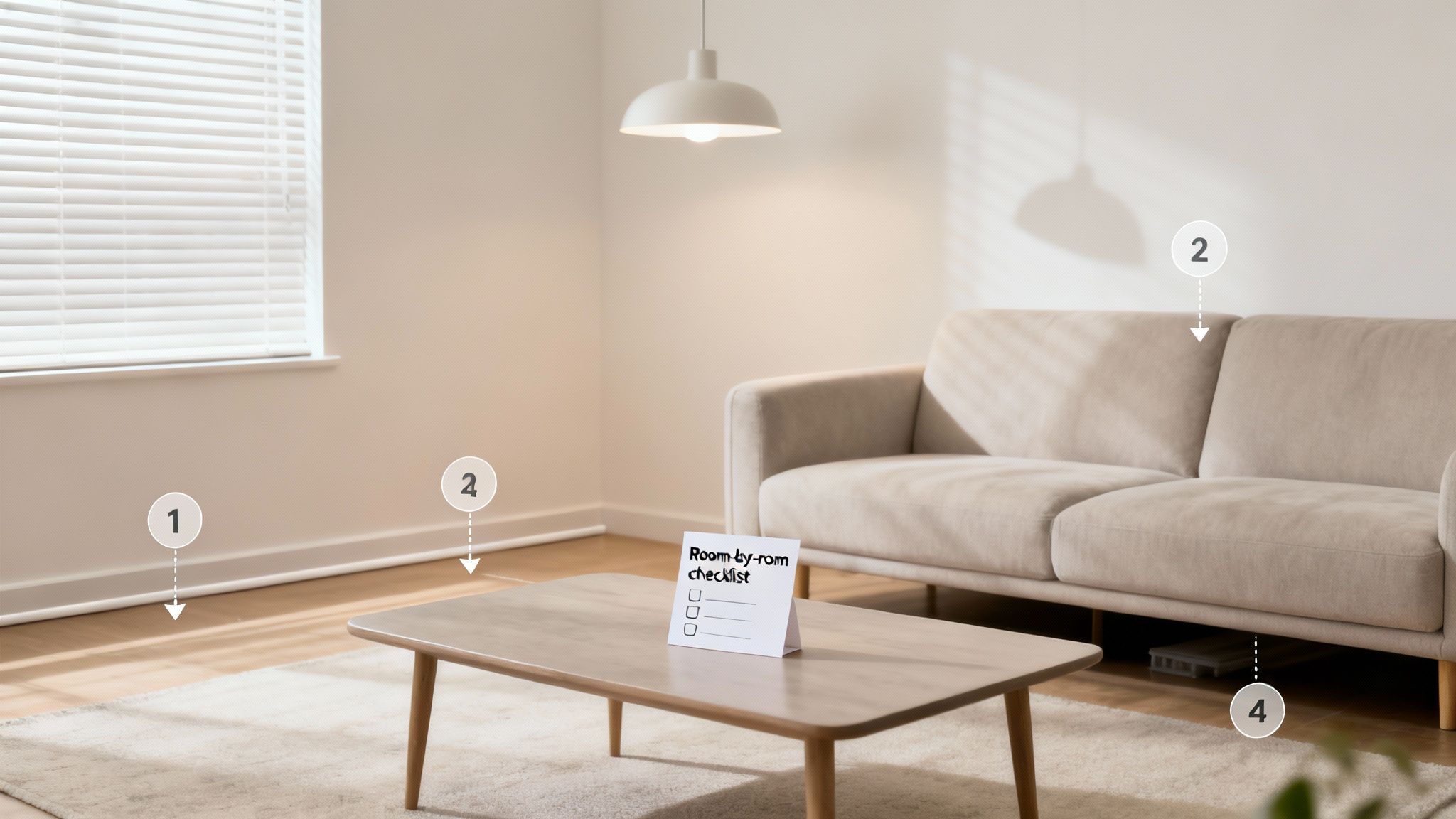 Minimalist living room with a room-by-room checklist on the coffee table, ready for cleaning.