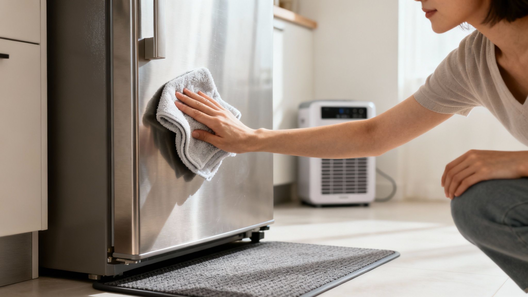 A person is cleaning a stainless steel refrigerator with a grey cloth in a modern kitchen.