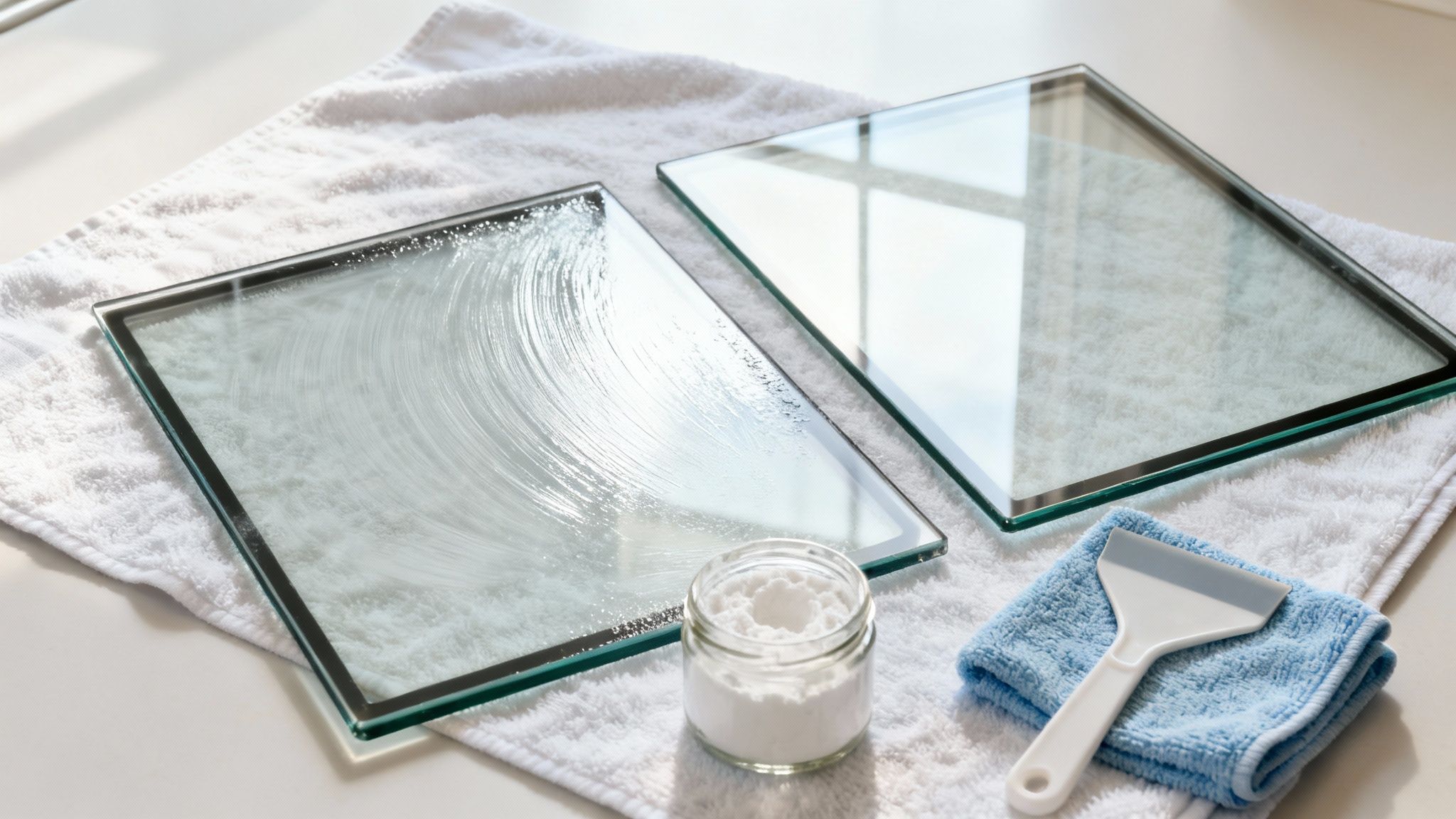 Two glass panes on a towel, one being cleaned with paste, alongside cleaning powder and tools.