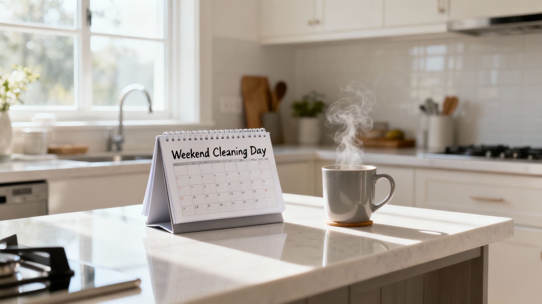 A smiling homeowner relaxing in a clean living room with large windows.