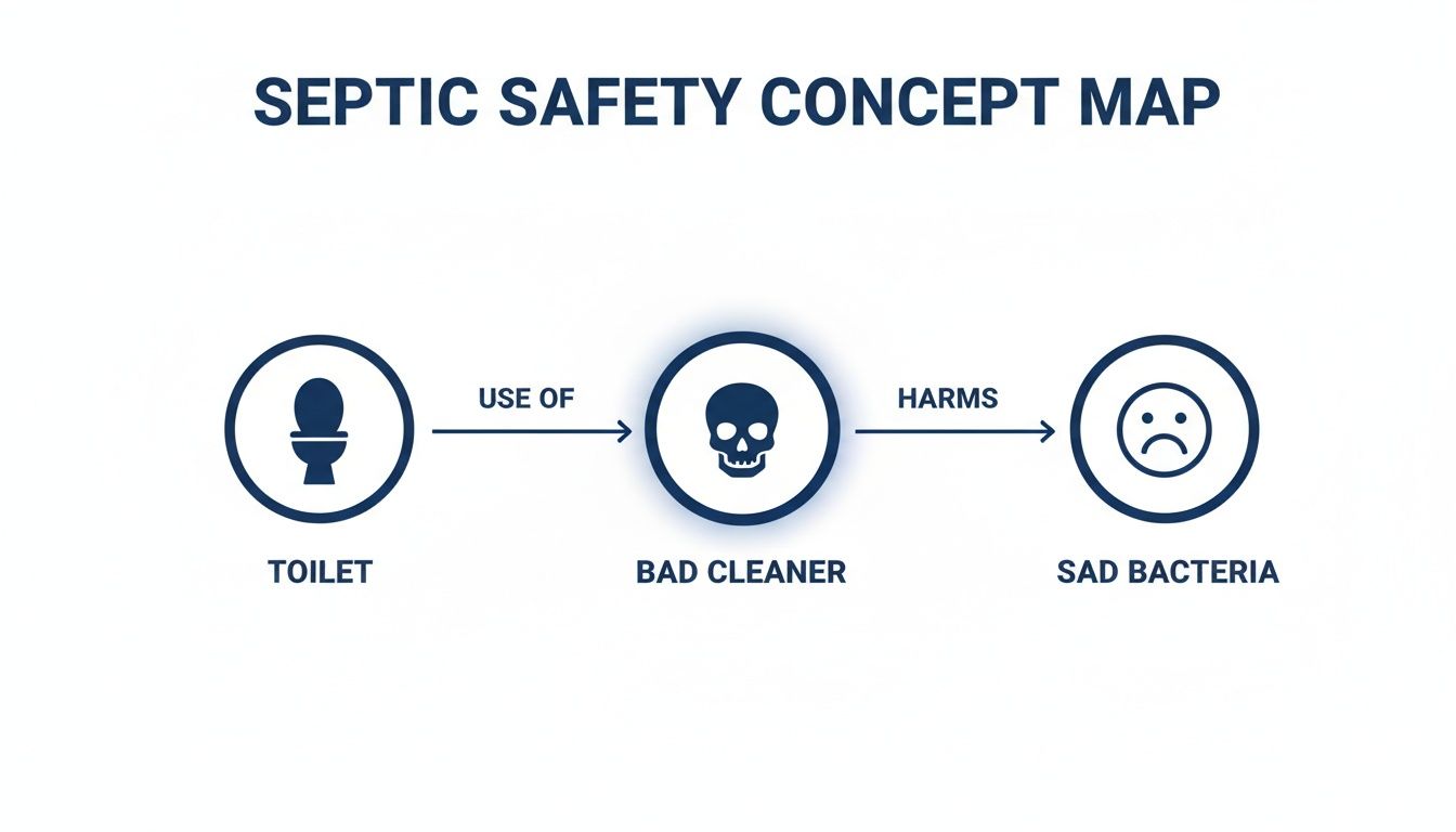 A concept map illustrates how using a toilet with a bad cleaner harms septic system bacteria, highlighting septic safety concerns.