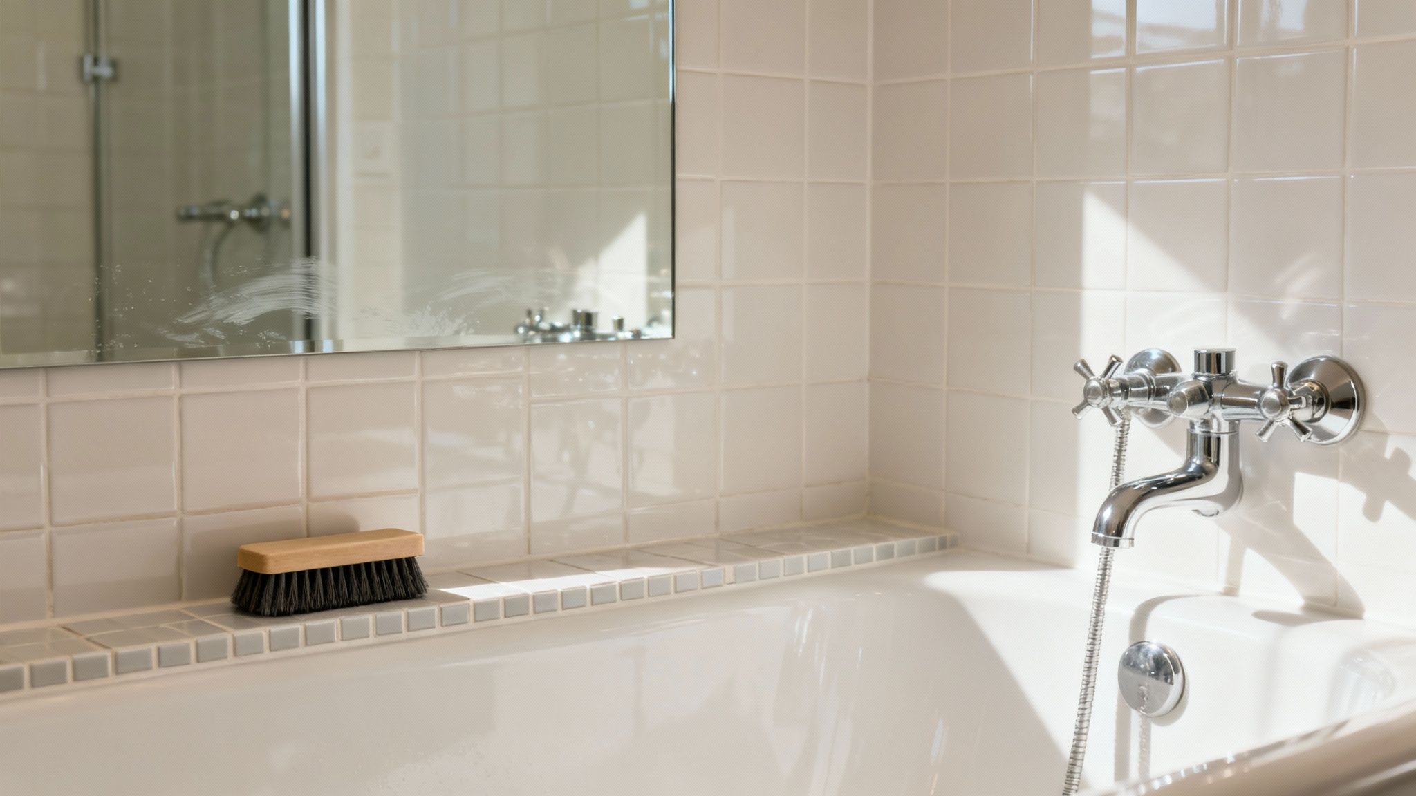 Bright and clean bathroom featuring a bathtub, mirror, chrome faucet, and a scrubbing brush.