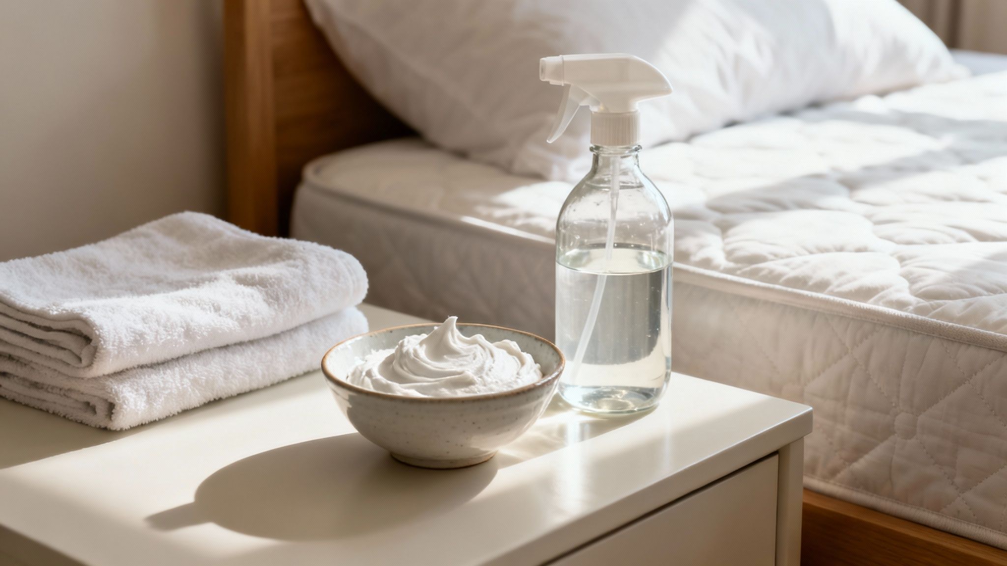 White towels, a bowl of cleaning paste, and a spray bottle on a nightstand beside a mattress.