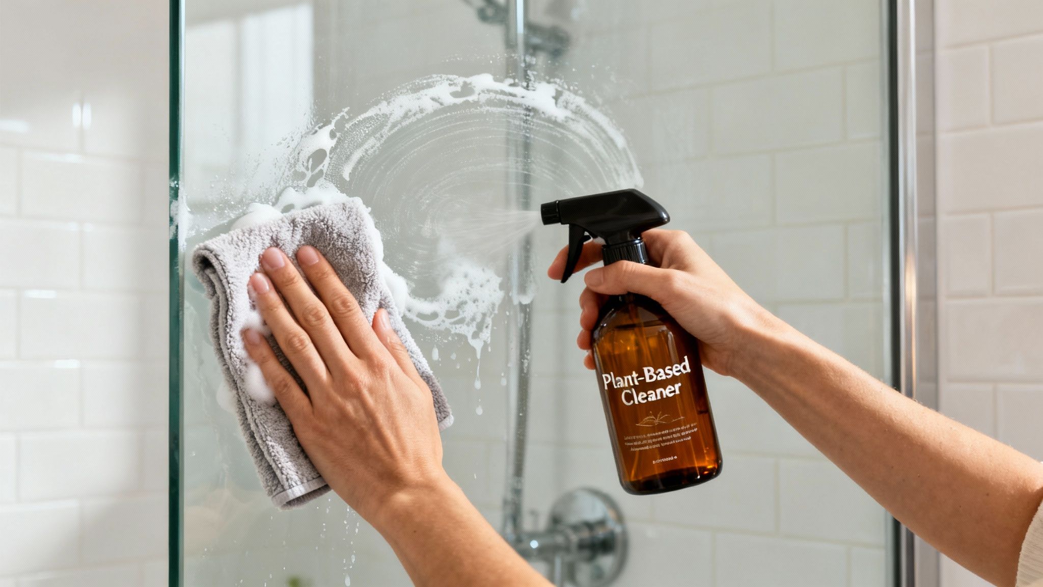 A person is cleaning a glass shower door with a spray bottle of plant-based cleaner and a grey cloth.