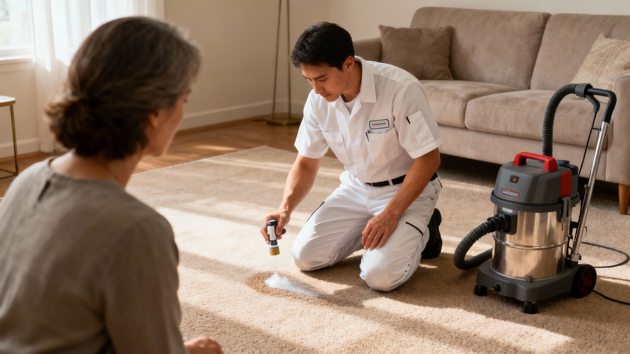 A professional cleaner using a hot water extraction machine on a light-colored carpet.