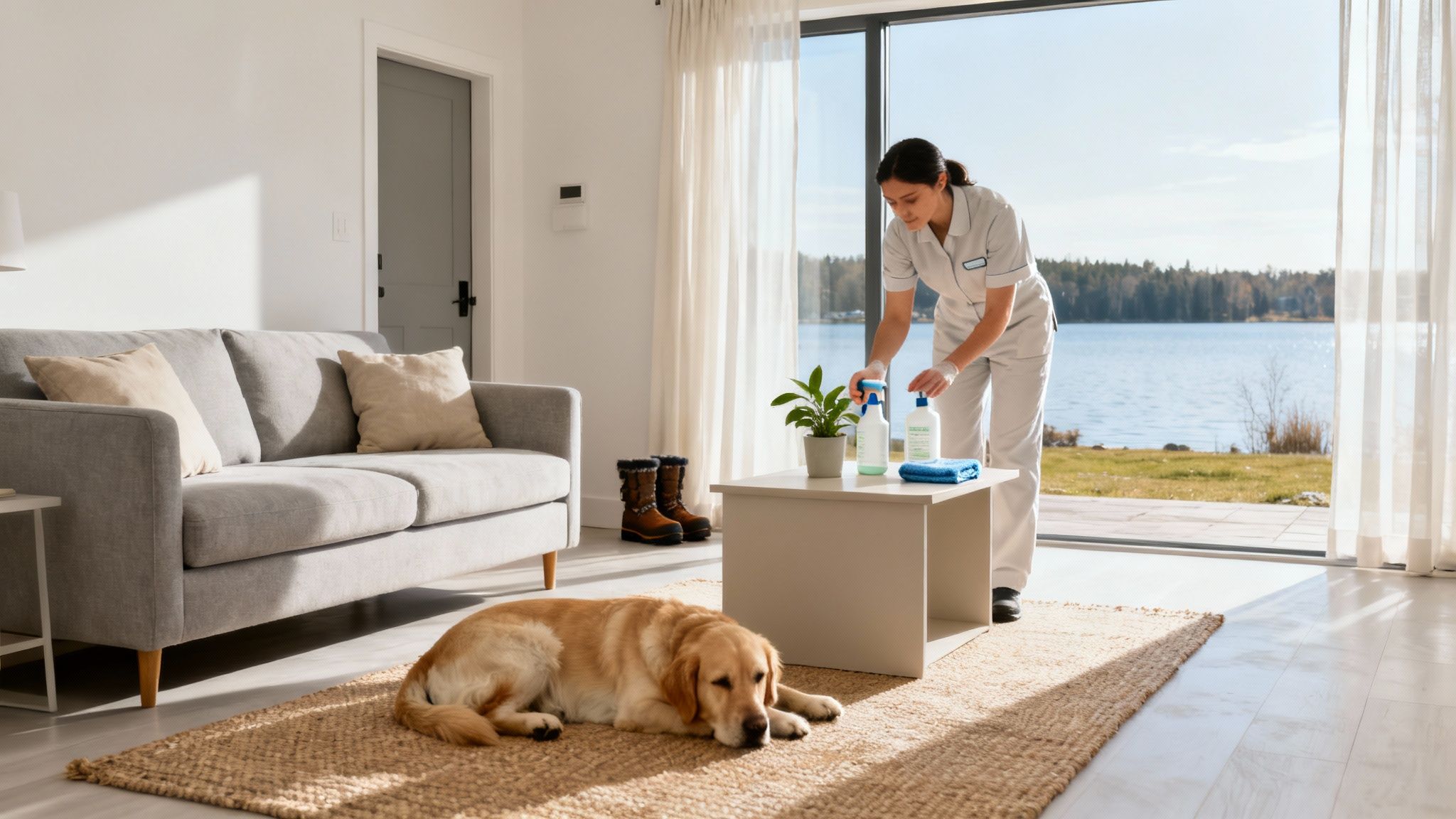 A person in green gloves cleaning a wooden table with a spray bottle and cloth, representing eco-friendly cleaning.