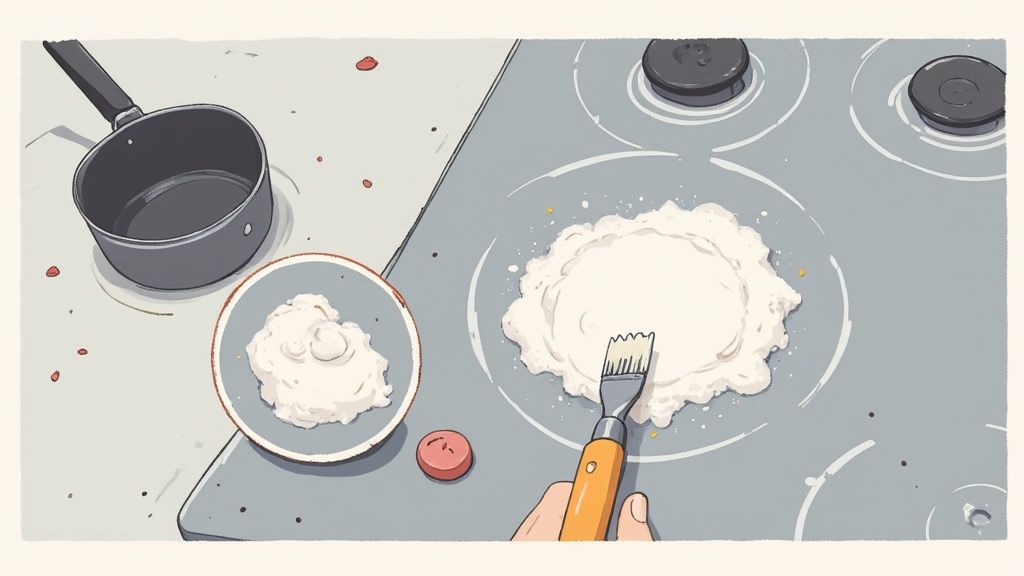 A stainless steel stovetop with a small pile of baking soda paste being applied to a burnt-on stain.