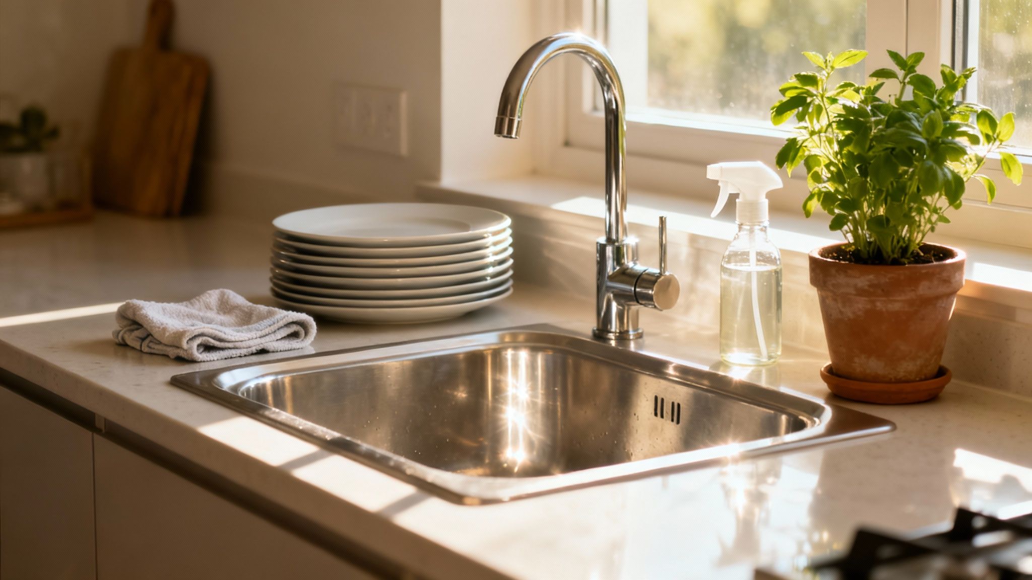 A sunlit kitchen counter with a clean sink, faucet, plates, towel, spray bottle, and basil plant.