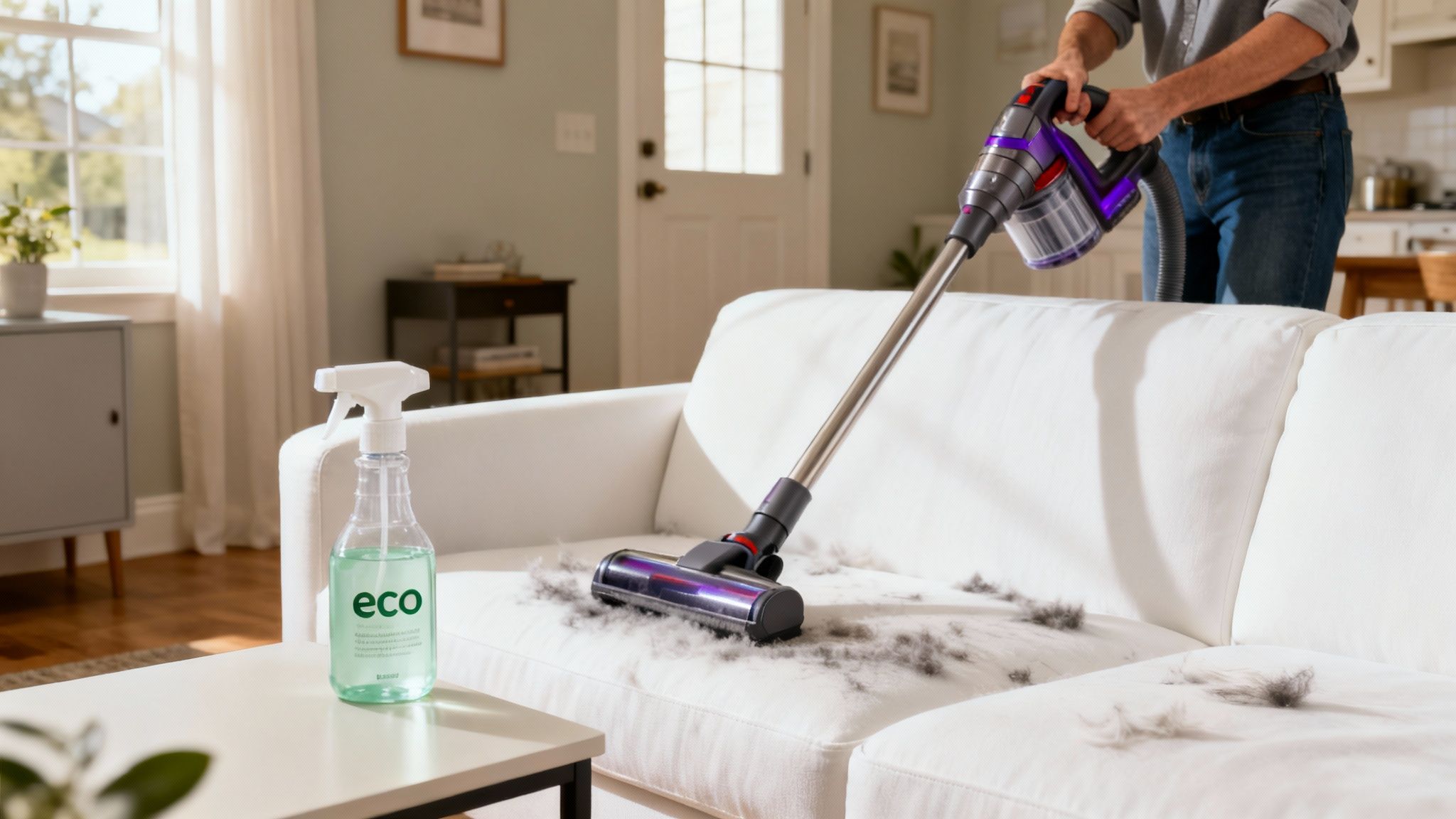 A person vacuums pet fur from a white couch with a purple stick vacuum. Eco-friendly spray bottle nearby.