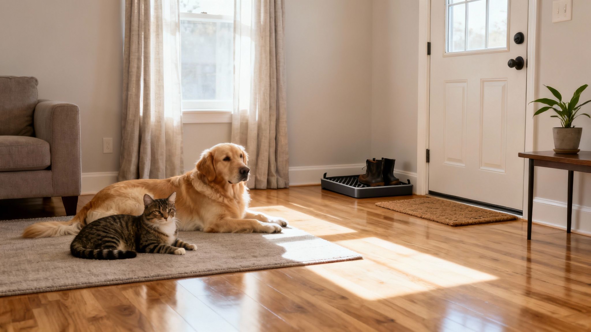 A golden retriever and a tabby cat relax on a rug in a sunny home entrance.