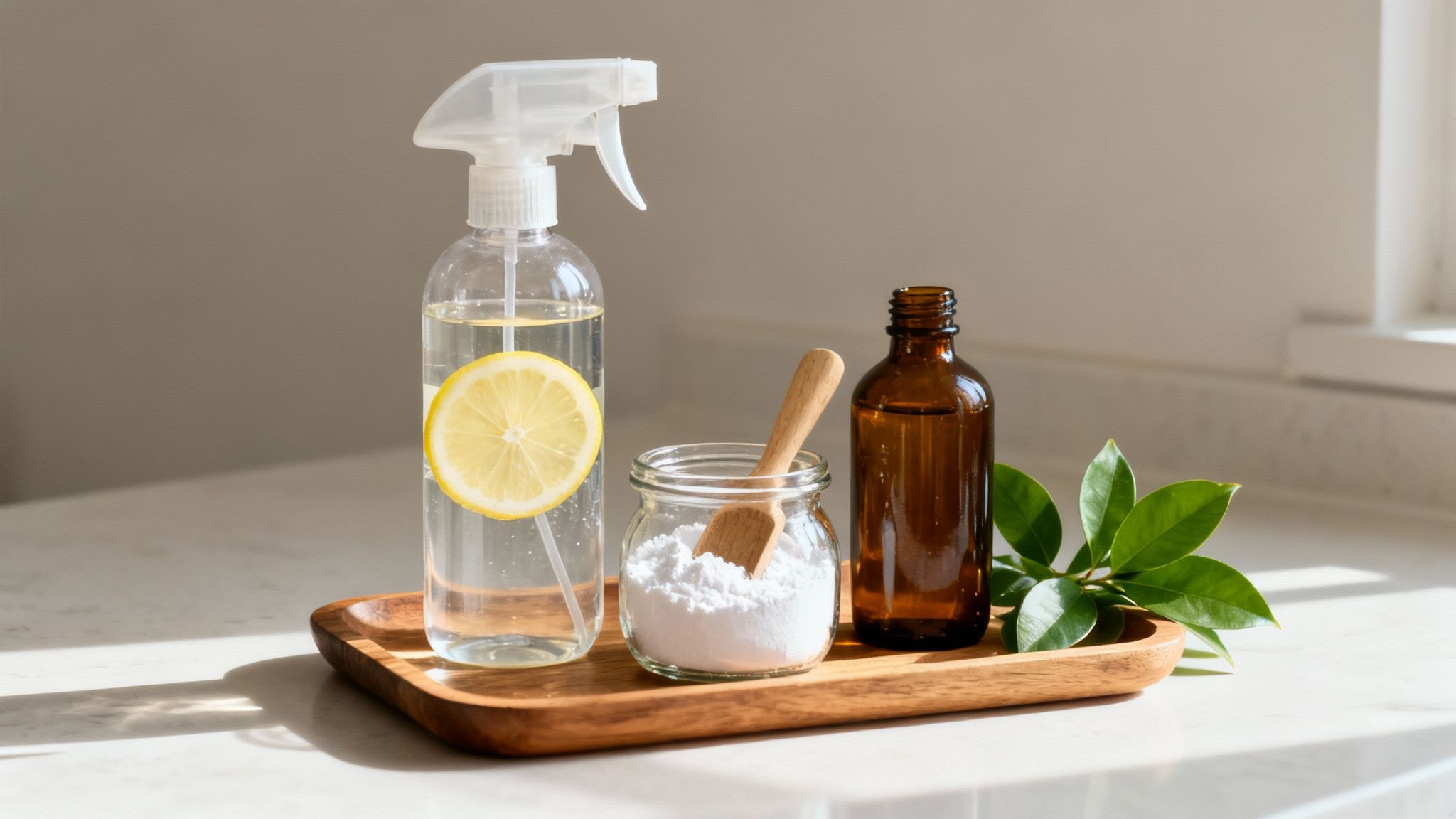 Eco-friendly cleaning products on a wooden tray, featuring a lemon spray, baking soda, and essential oil.