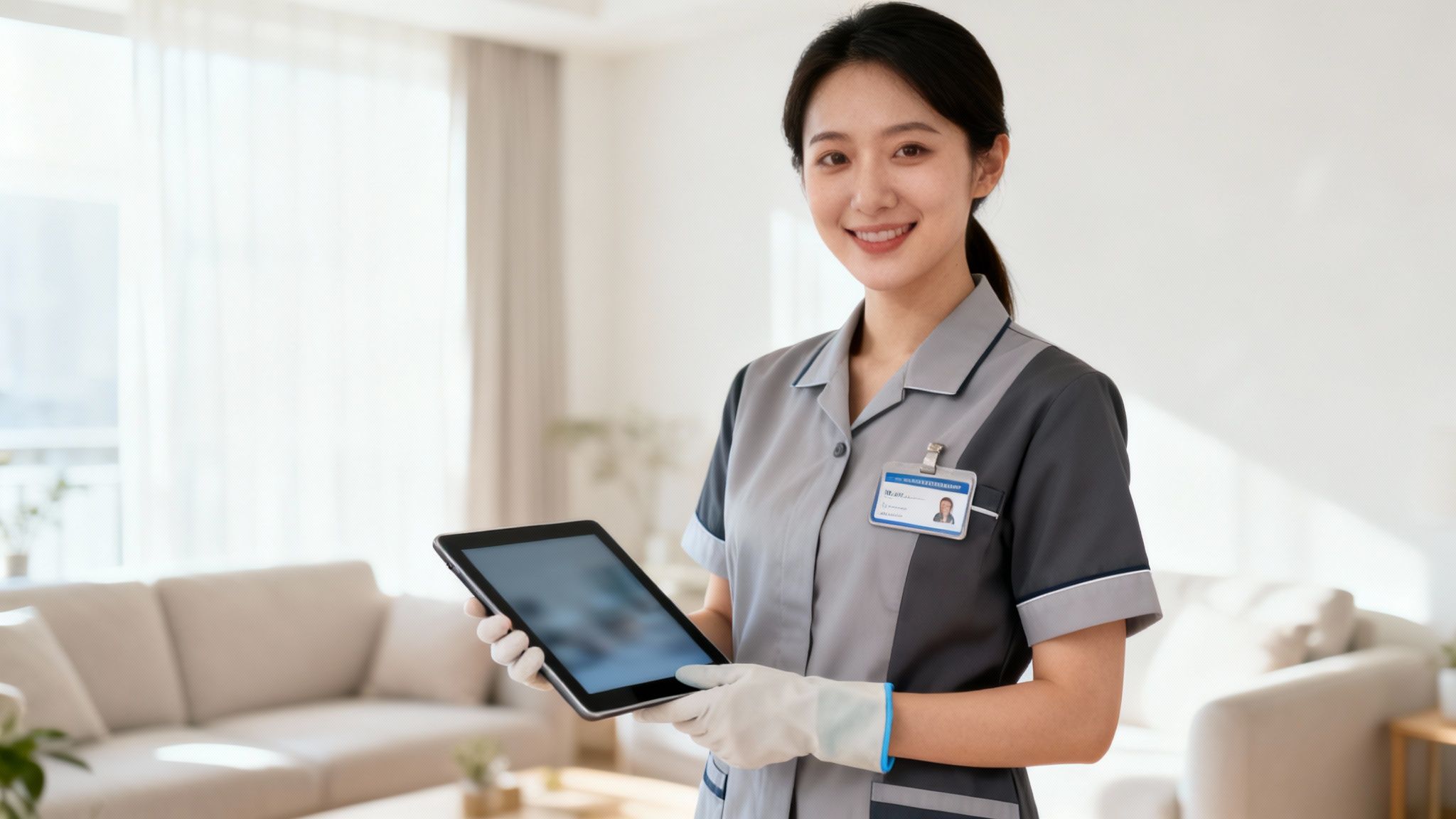 A smiling professional cleaner in uniform and gloves holds a tablet in a bright living room.