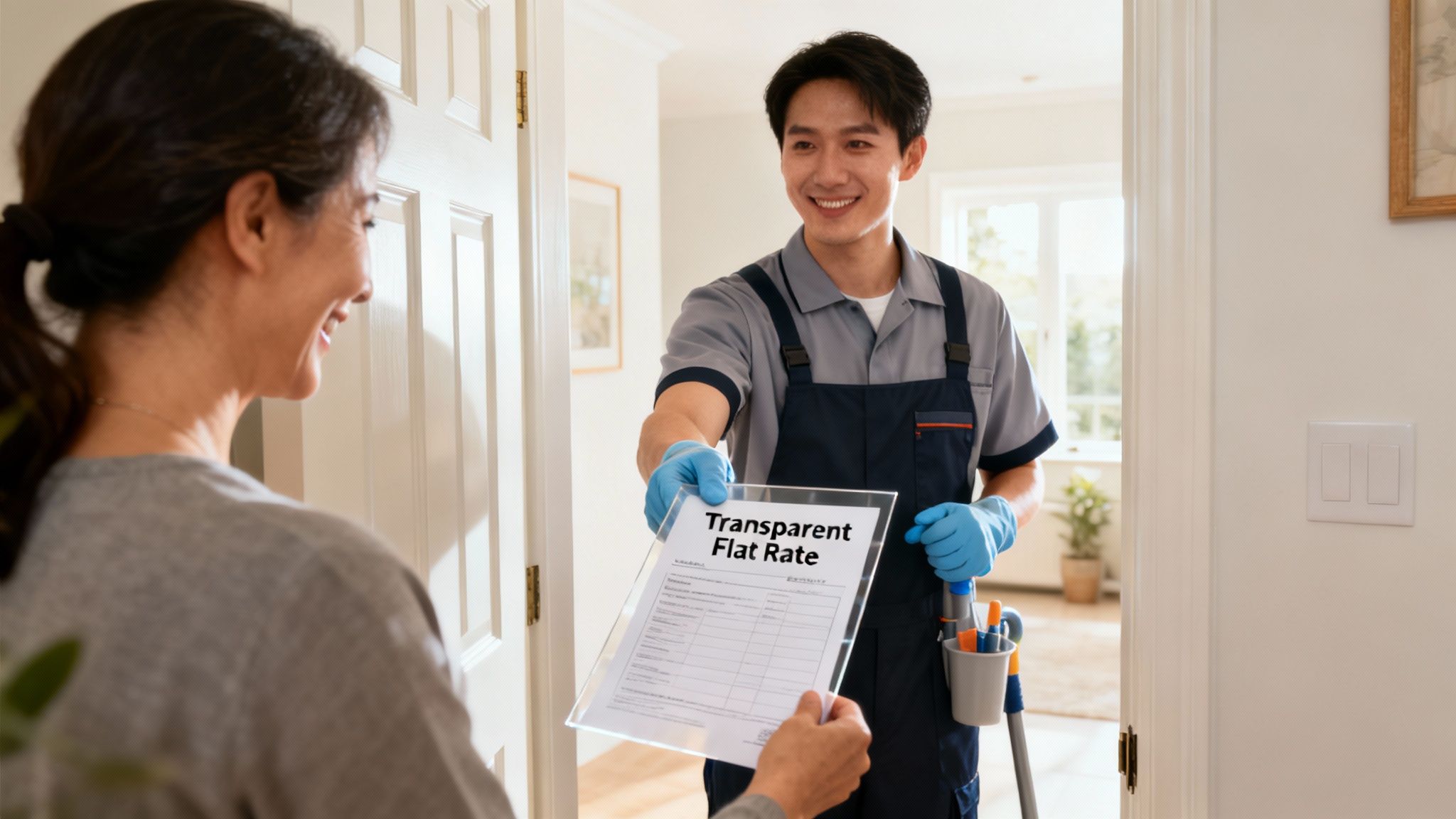 A smiling male cleaning professional presents a 'Transparent Flat Rate' document to a female client.
