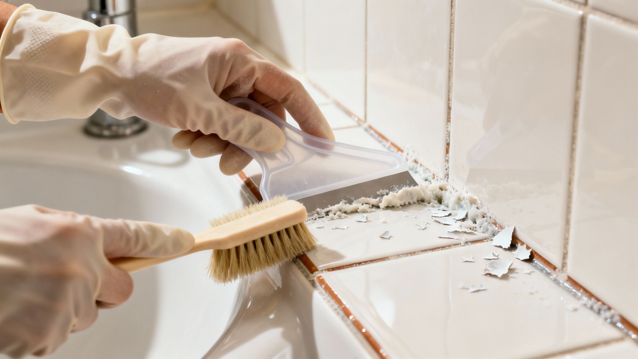 Gloved hands meticulously scrape hard water stains and residue from bathroom tiles and sink.