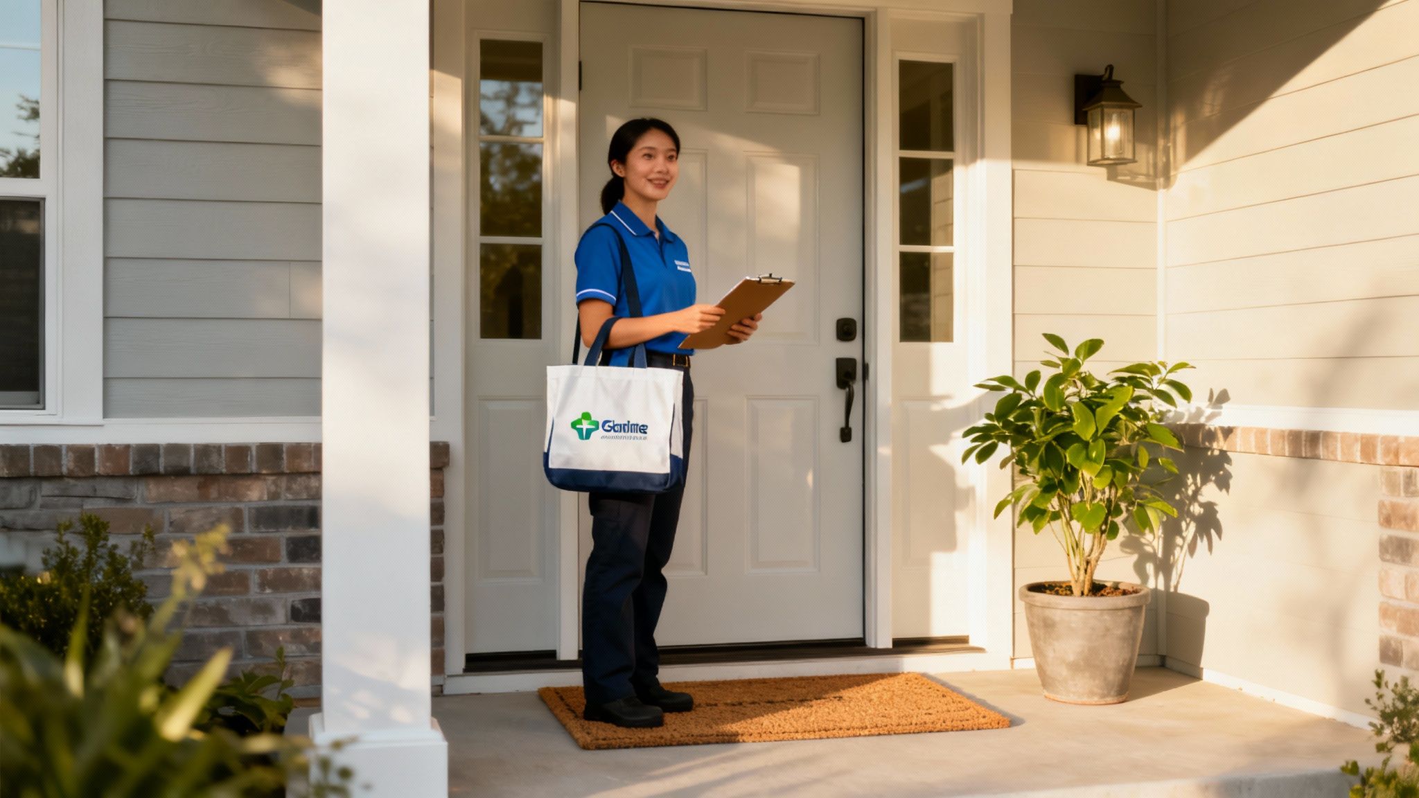 Professional home care worker in blue uniform standing at residential front door with clipboard and service bag