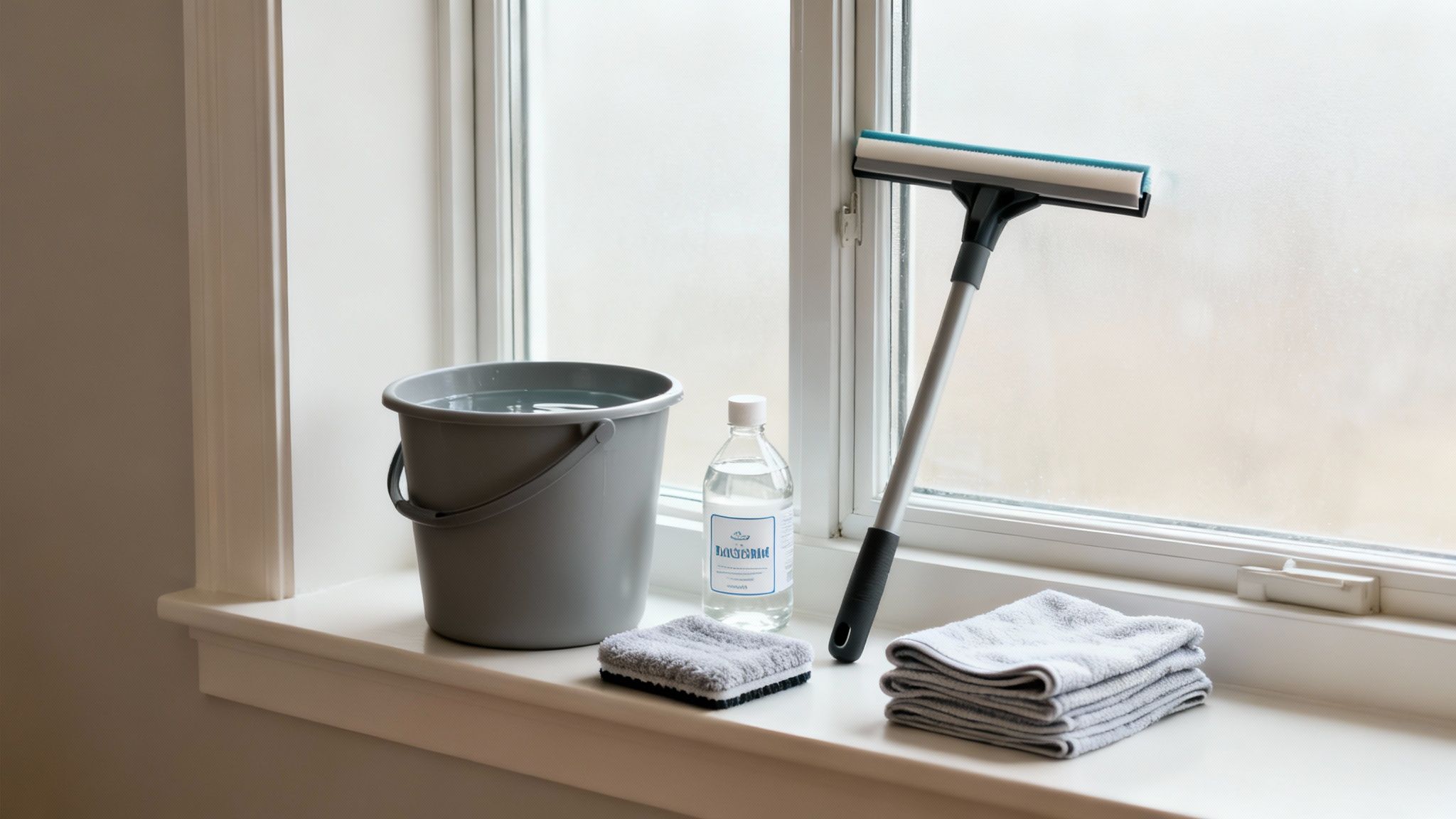 Window cleaning supplies including squeegee, bucket, cloths, and water bottle on white windowsill