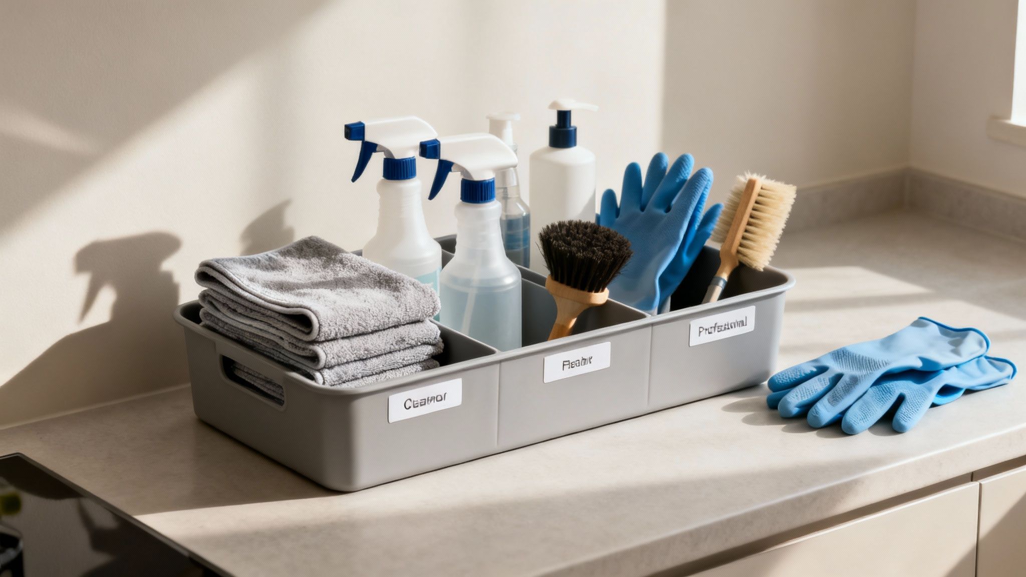 Organized cleaning supplies in labeled bins with spray bottles, towels, brushes and gloves on counter