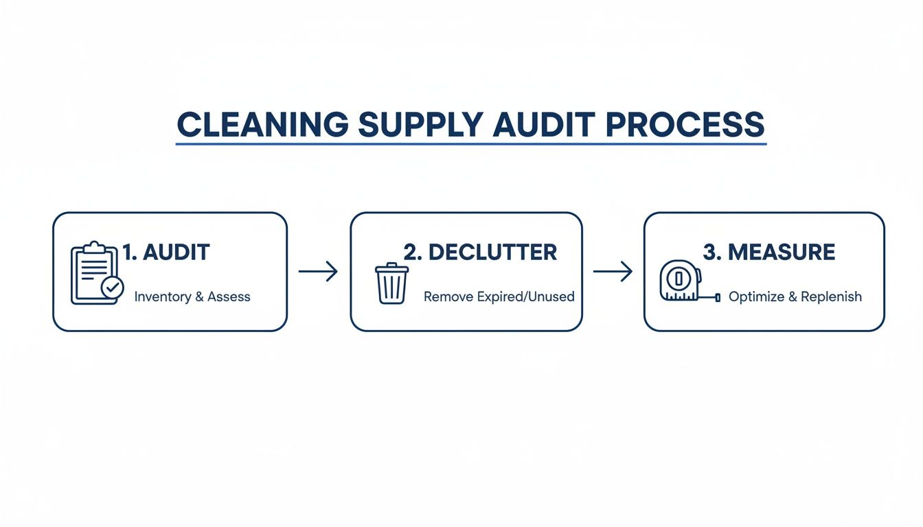 A diagram outlining a three-step cleaning supply audit process: Audit, Declutter, and Measure.