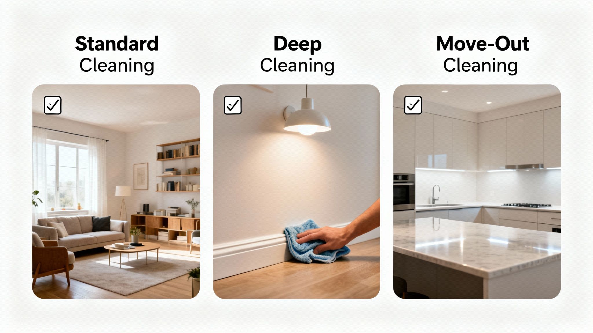 Comparison of standard, deep, and move-out professional house cleaning services with illustrative images.