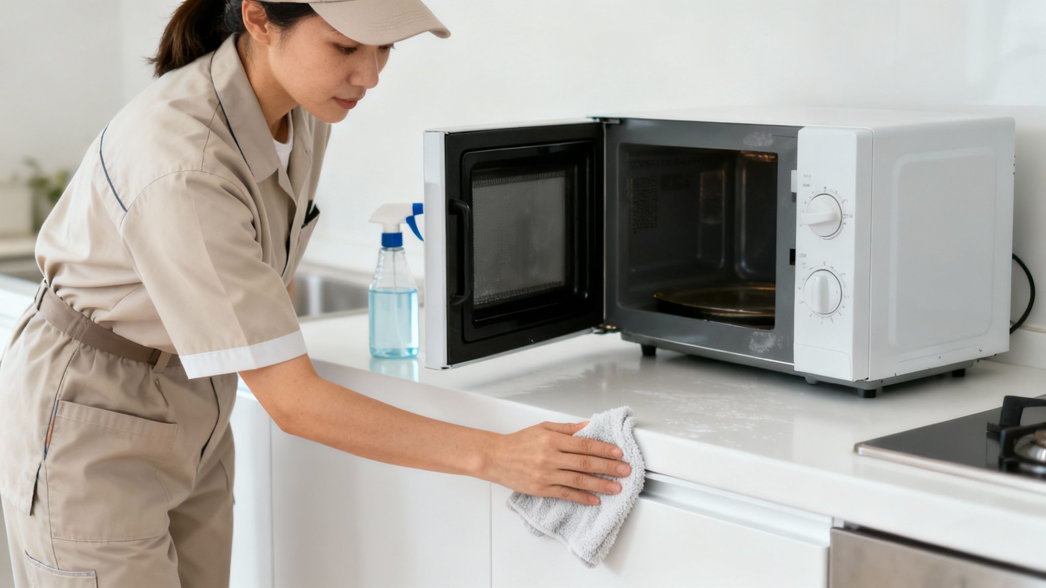 A cleaner in uniform wipes a kitchen counter next to an open microwave with a cloth and spray.