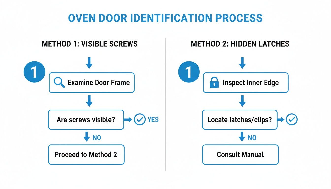 Flowchart detailing two methods for identifying oven door types: visible screws or hidden latches.