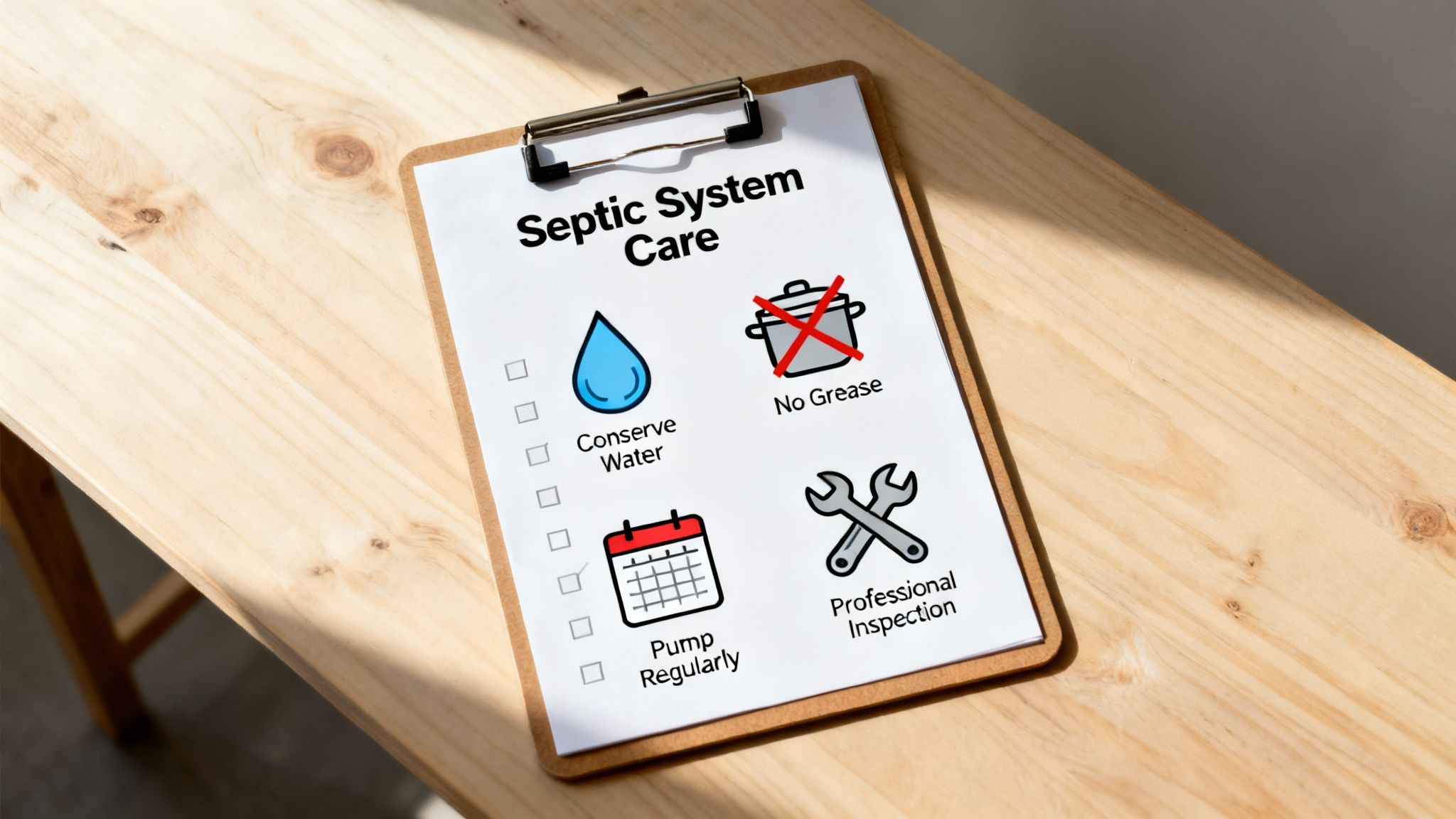 A clipboard with a 'Septic System Care' checklist showing tips like conserve water and no grease.