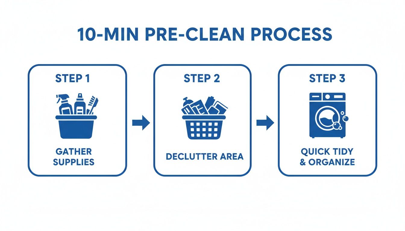 Infographic showing a 10-minute pre-clean process with three steps: gather supplies, declutter area, and quick tidy.
