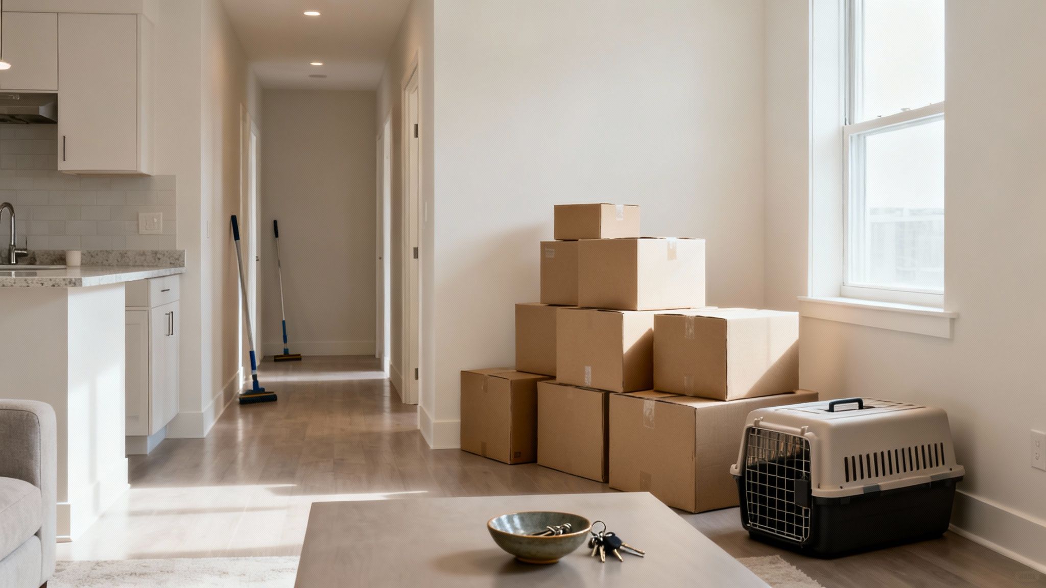 A clean, bright apartment with moving boxes, a pet carrier, and cleaning supplies, suggesting a move.