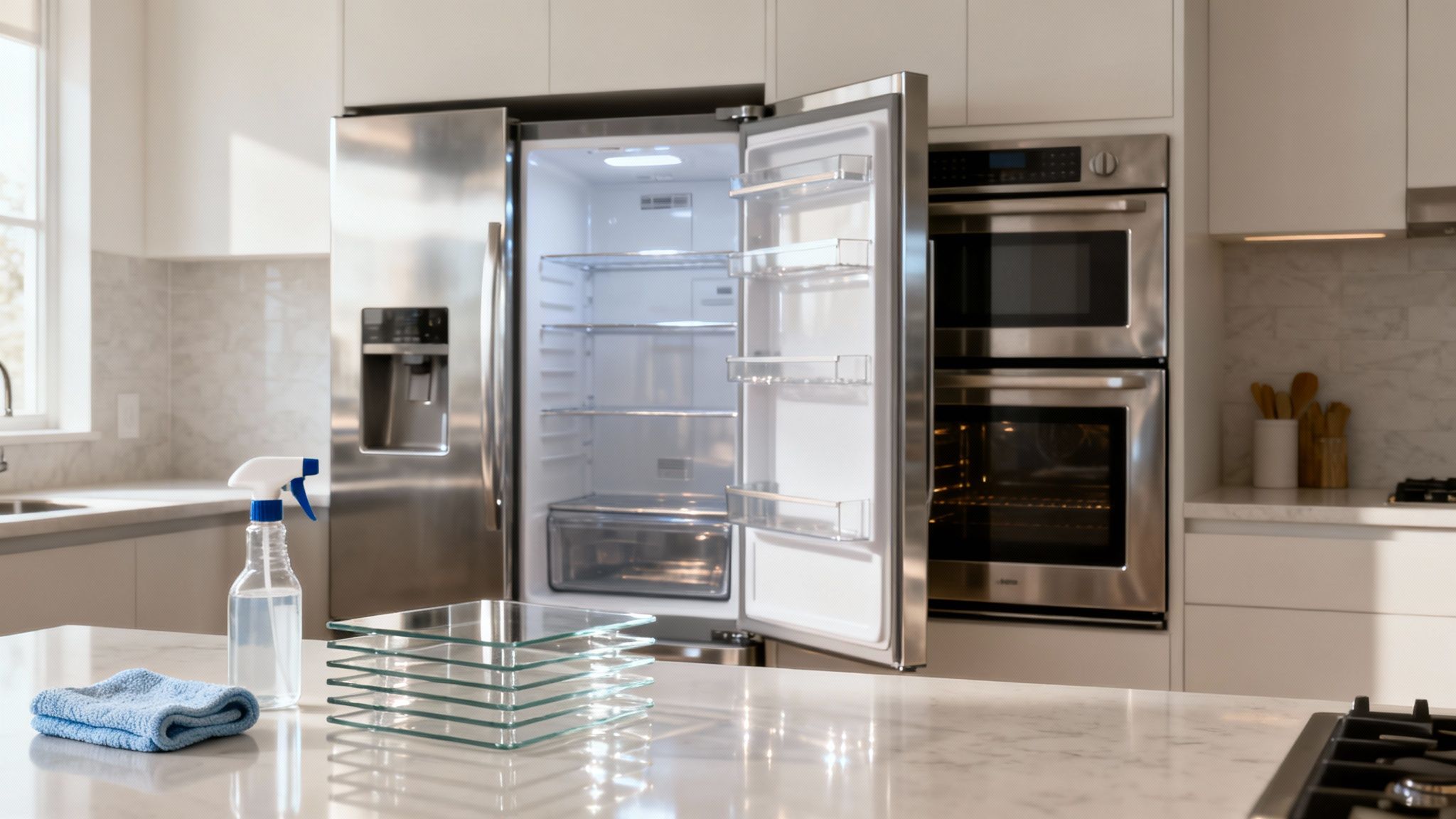 Modern kitchen with an open, empty refrigerator, cleaning spray, cloth, and glass shelves on the counter.