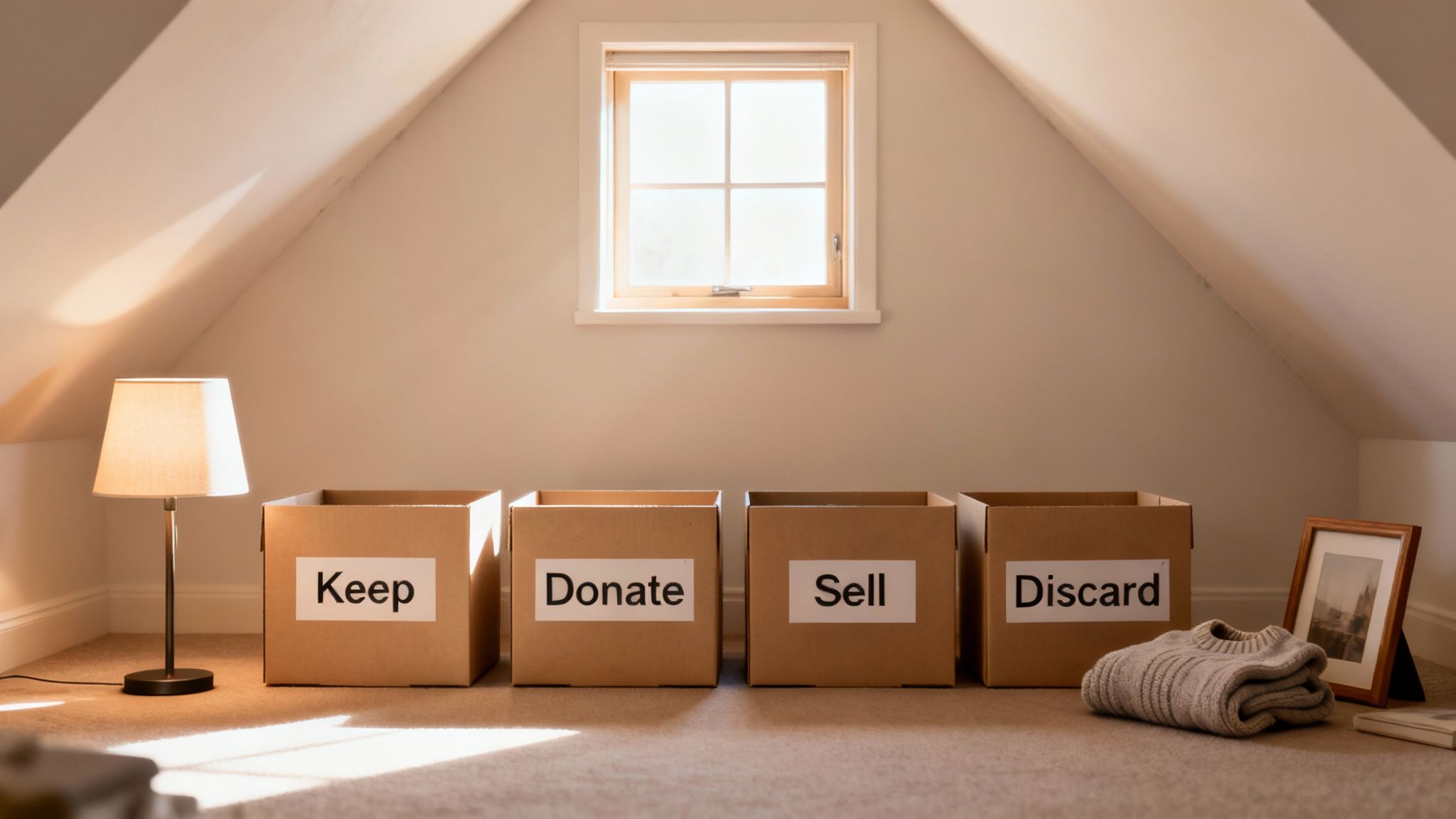 An organized attic space with four labeled boxes for keep, donate, sell, and discard.