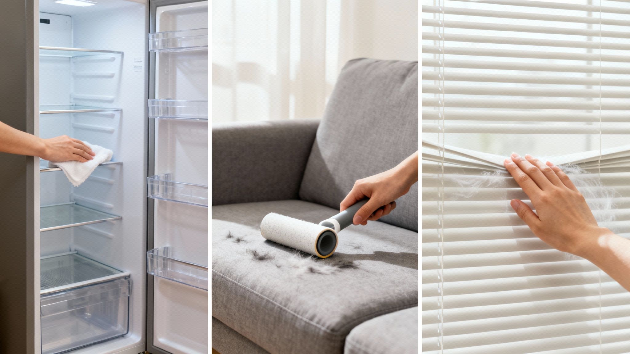 Three hands performing deep cleaning tasks: wiping a fridge, lint rolling a sofa, and dusting blinds.
