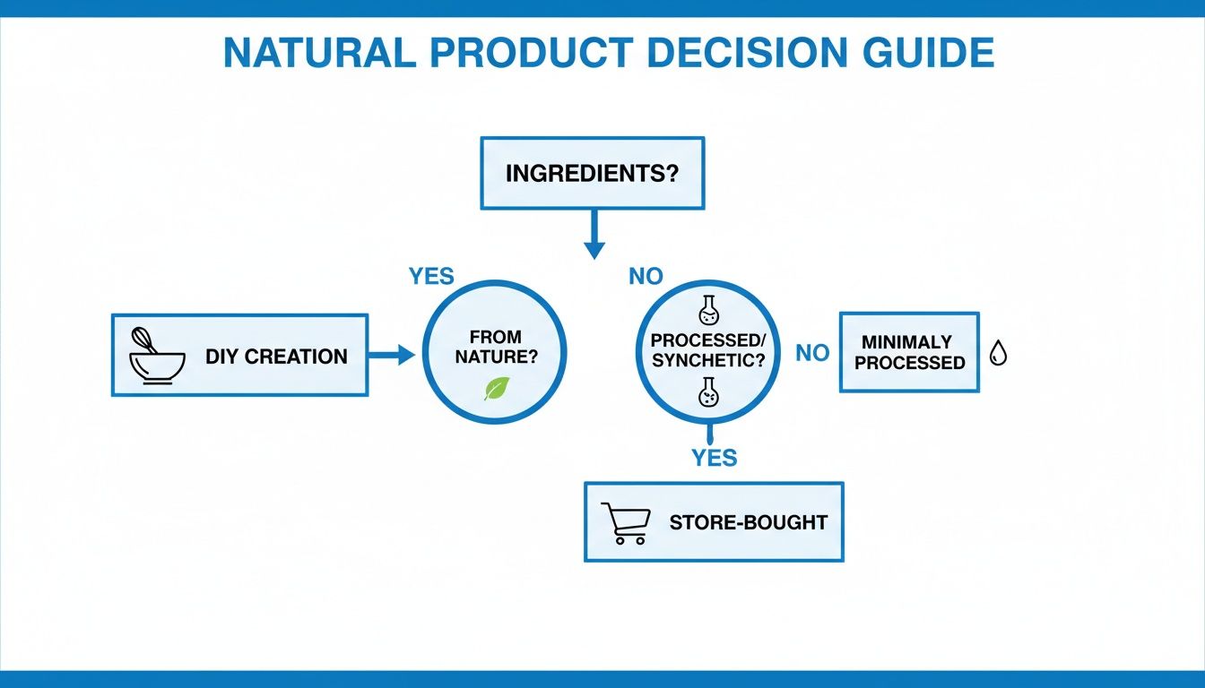 Natural product decision guide flowchart for ingredients: DIY, from nature, processed, or store-bought.