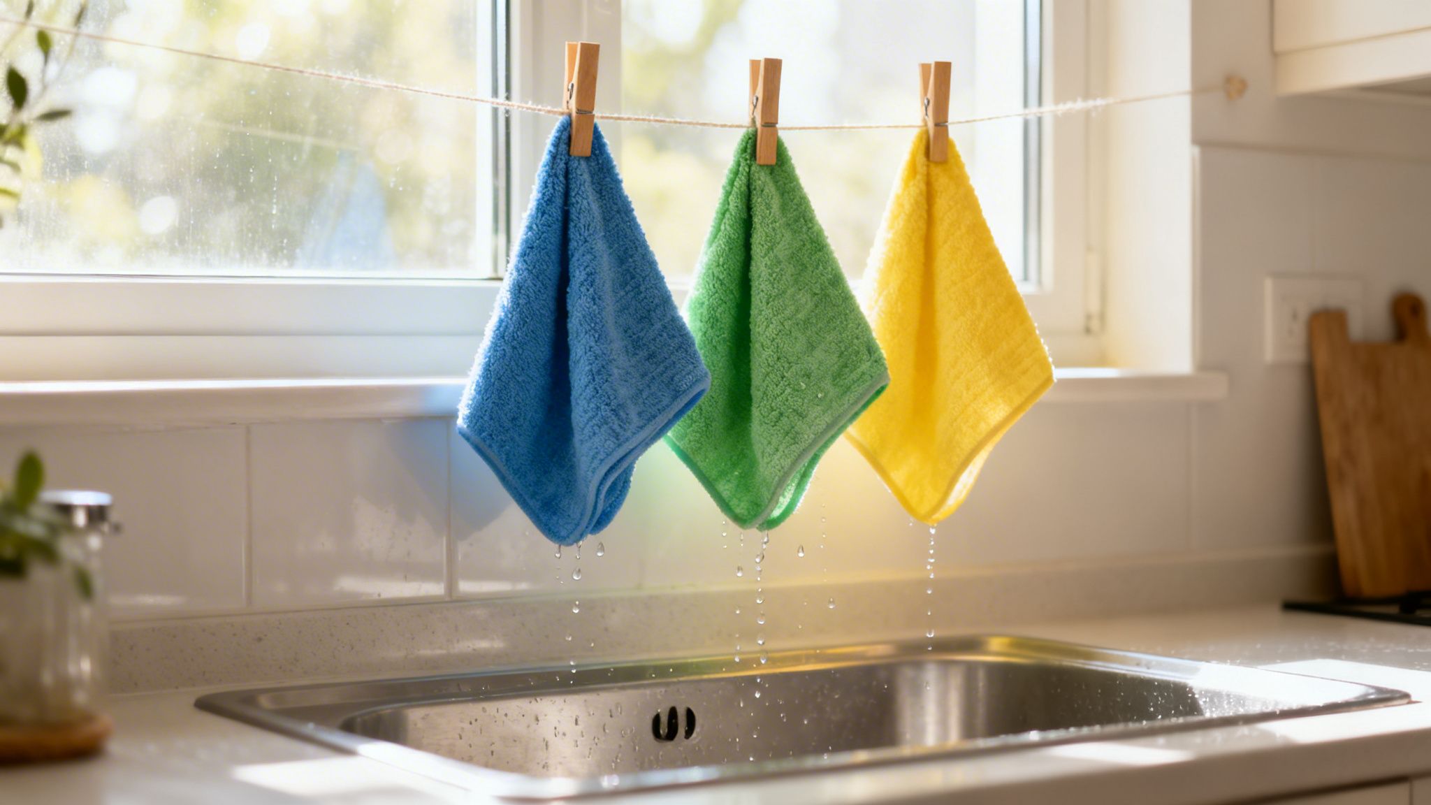 Wet blue, green, and yellow eco-friendly cleaning cloths drying over a kitchen sink.