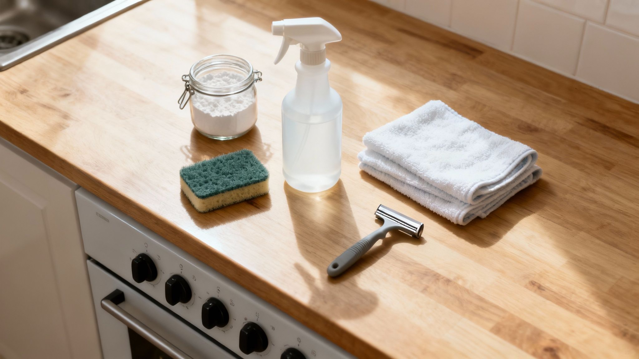 A collection of cleaning supplies on a kitchen counter.