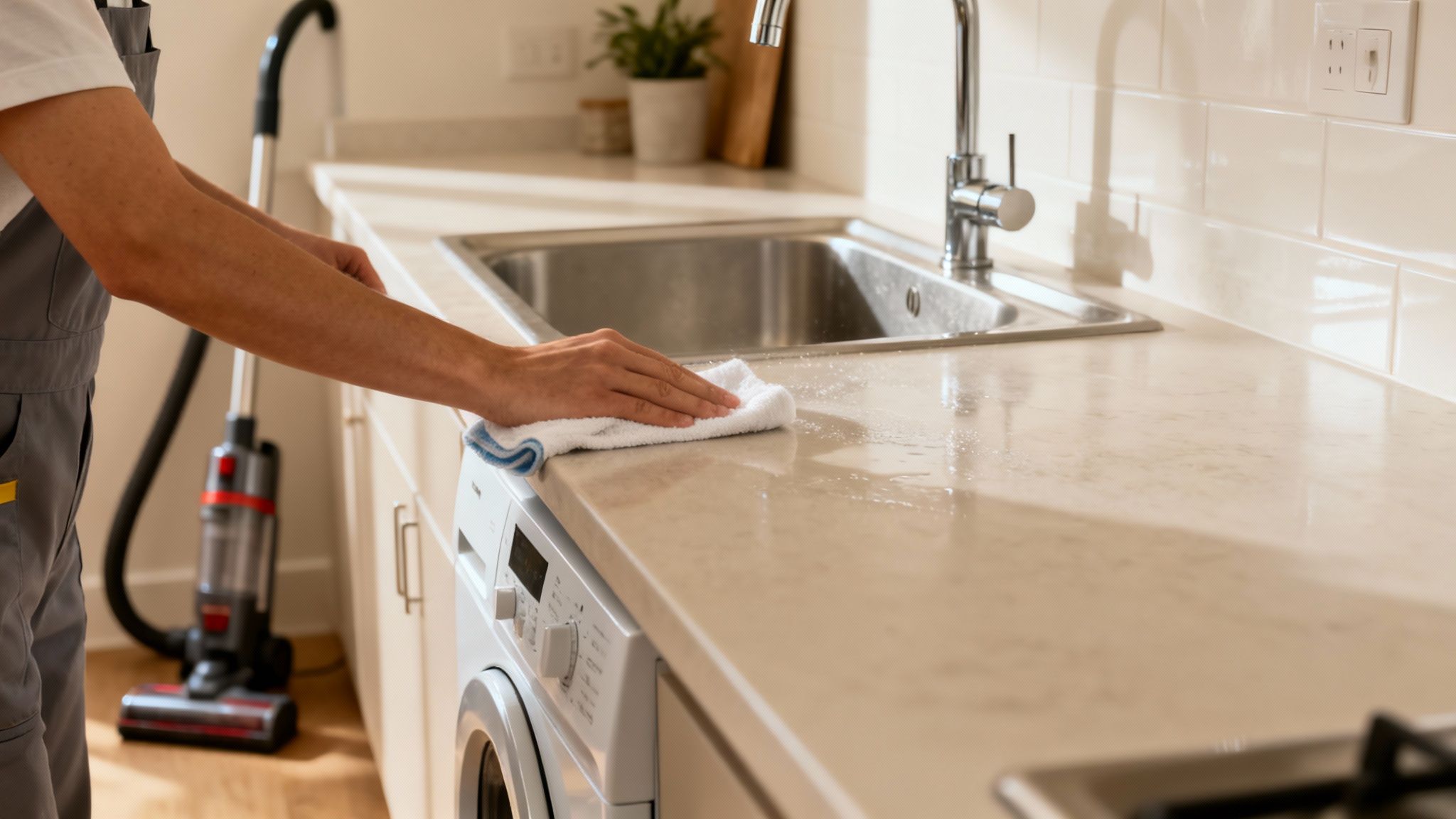 Person cleaning a bright kitchen countertop with a white cloth, showcasing home maintenance.