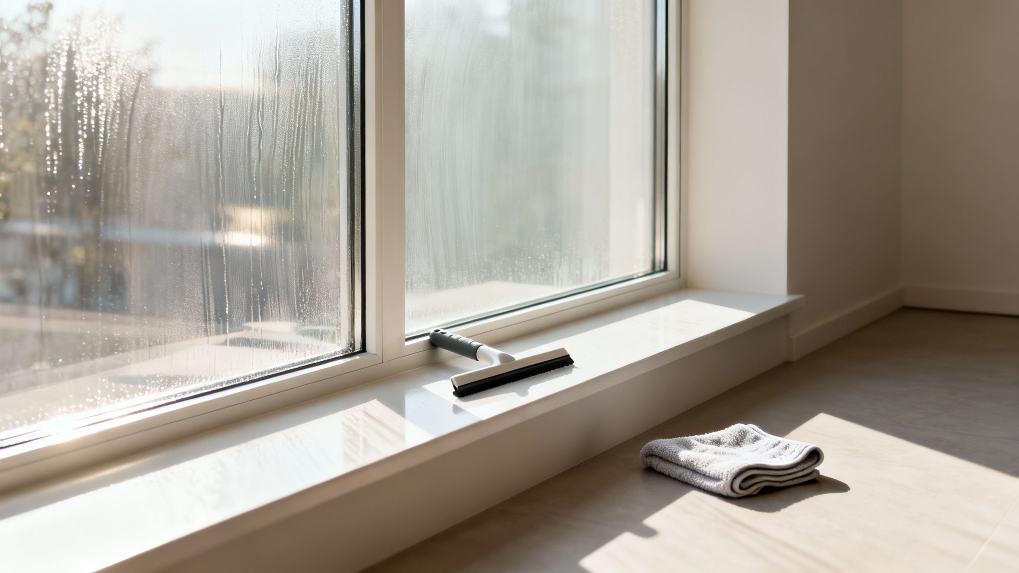 Sunlight illuminates a window being cleaned with a squeegee and folded towel nearby.