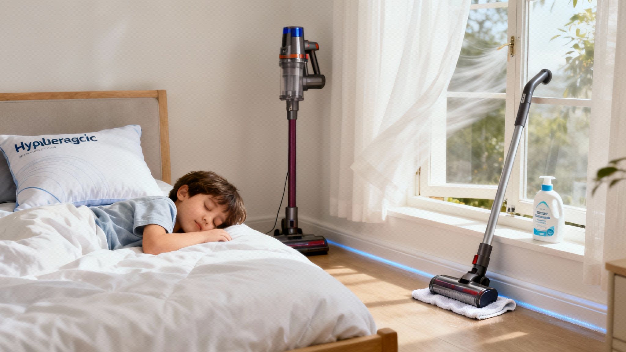 A person with allergies comfortably breathing in a clean, bright living room.